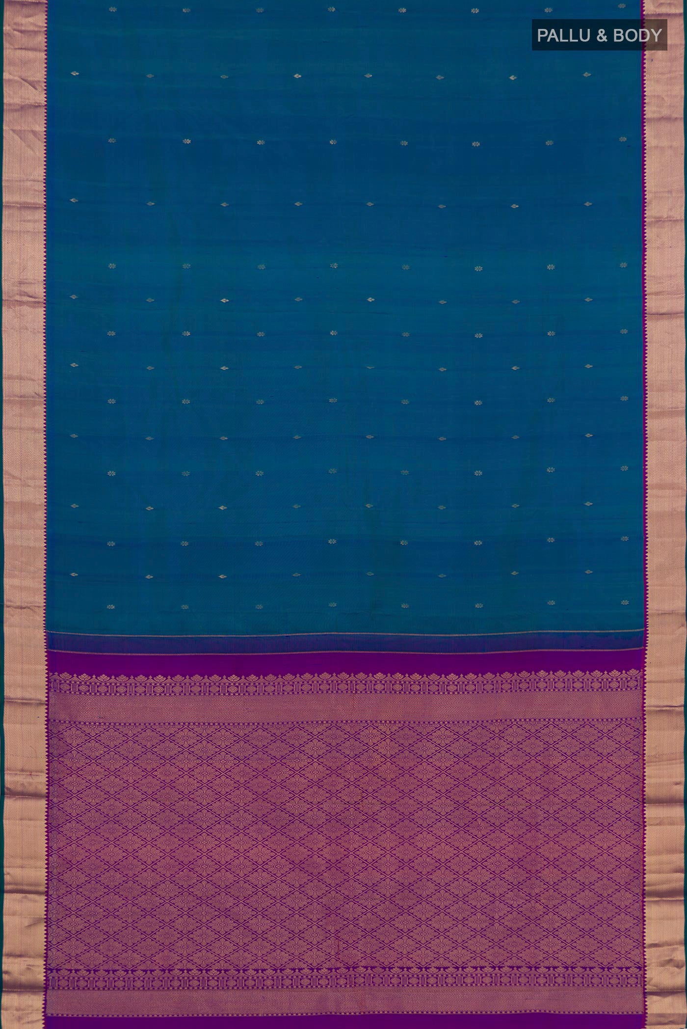 Flat view of Peacock Blue Kanjivaram Silk Saree with Zari Butta on the body and Zari Border. 