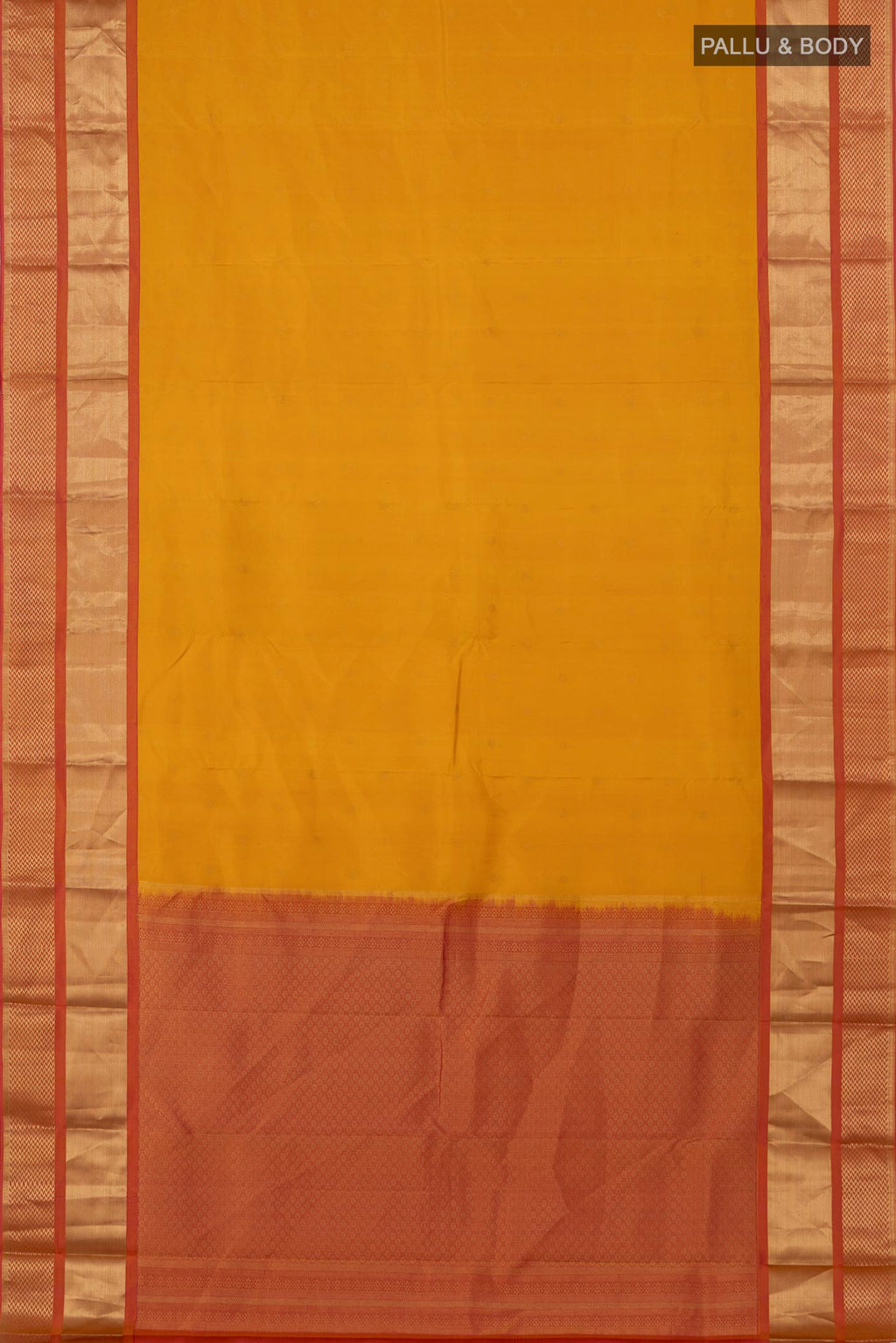 Flat view of Yellow Kanchipuram Saree with Zari Butta on the body and Zari Border. 
