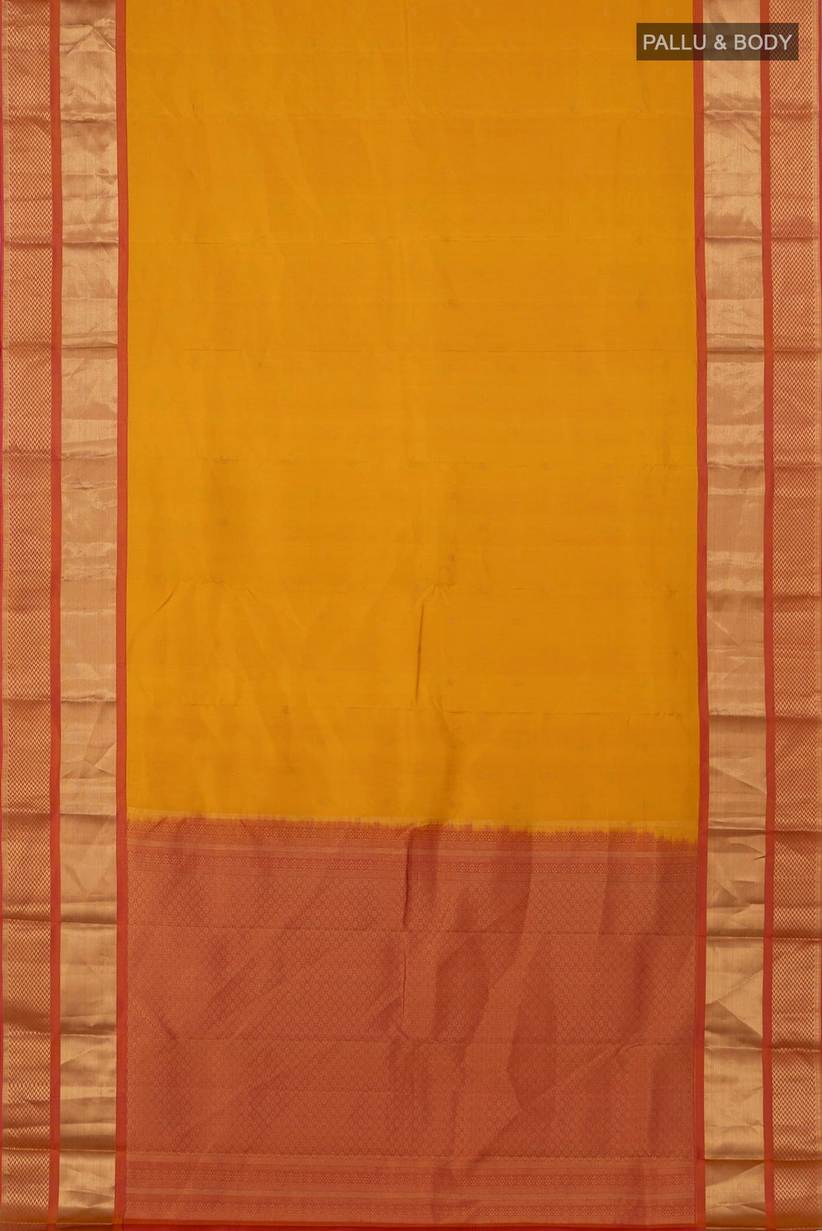 Flat view of Yellow Kanchipuram Saree with Zari Butta on the body and Zari Border. 