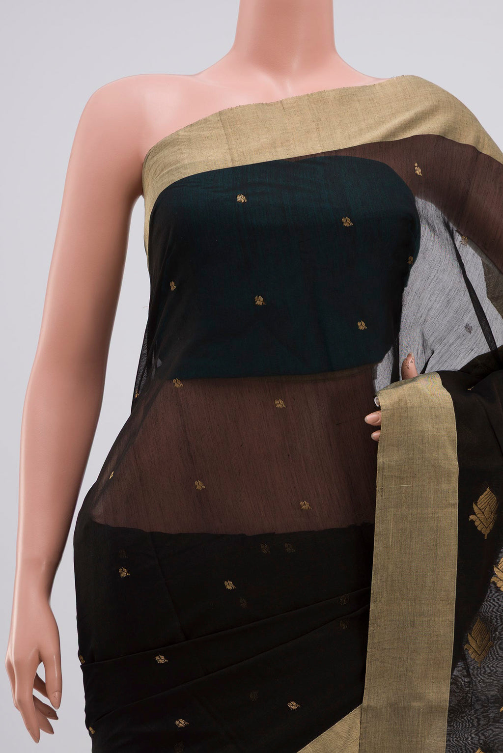 Border image of Black Chanderi Silk Cotton Saree with Zari Butta on the body and Zari Border. 