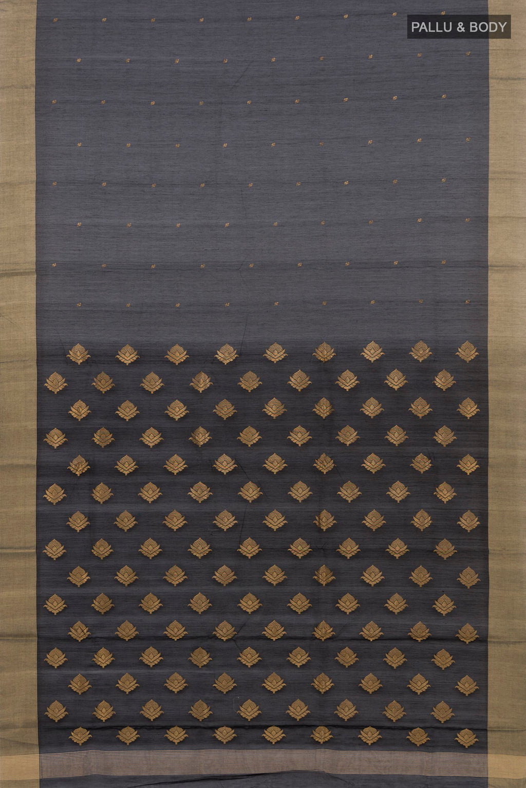 Flat view of Black Chanderi Silk Cotton Saree with Zari Butta on the body and Zari Border. 