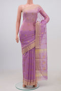 Lavender Chanderi Silk Cotton Saree with Zari Butta on the body and Zari Border.  displayed on a mannequin