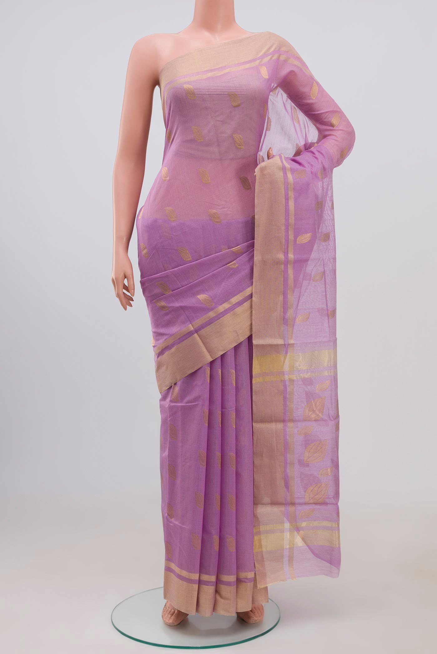 Lavender Chanderi Silk Cotton Saree with Zari Butta on the body and Zari Border.  displayed on a mannequin