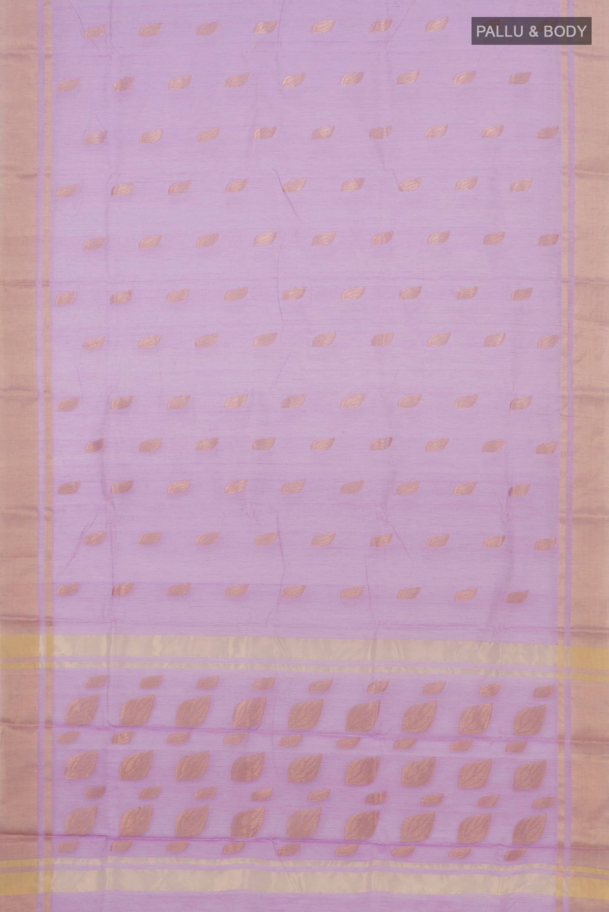 Flat view of Lavender Chanderi Silk Cotton Saree with Zari Butta on the body and Zari Border. 