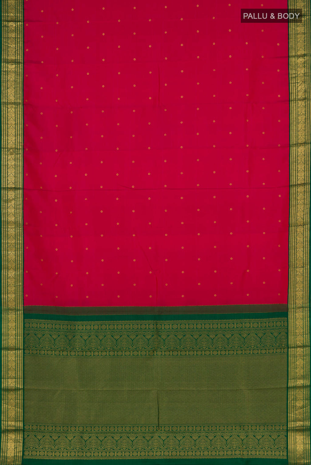 Flat view of Rani Pink Kanjivaram Silk Saree with Zari Butta on the body and Zari Border. 