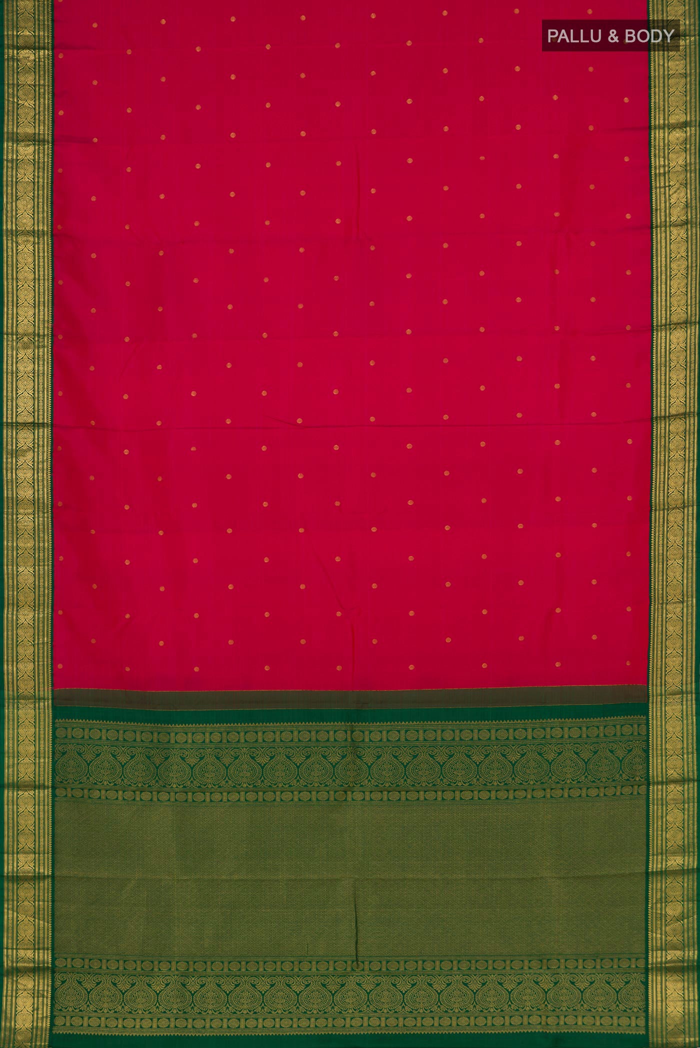 Flat view of Rani Pink Kanjivaram Silk Saree with Zari Butta on the body and Zari Border. 