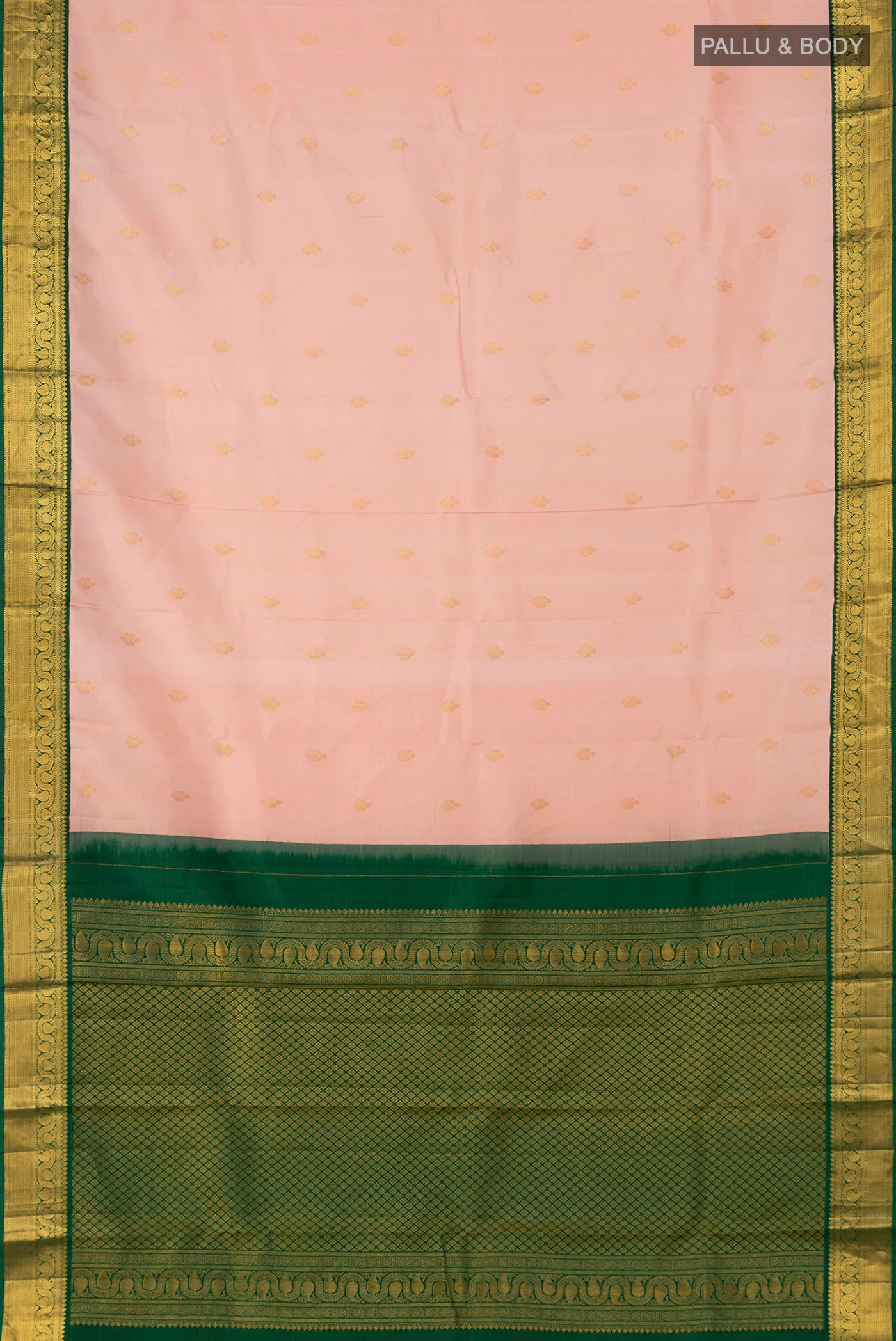Flat view of Pink Kanjivaram Saree with Zari Butta on the body and Zari Border. 
