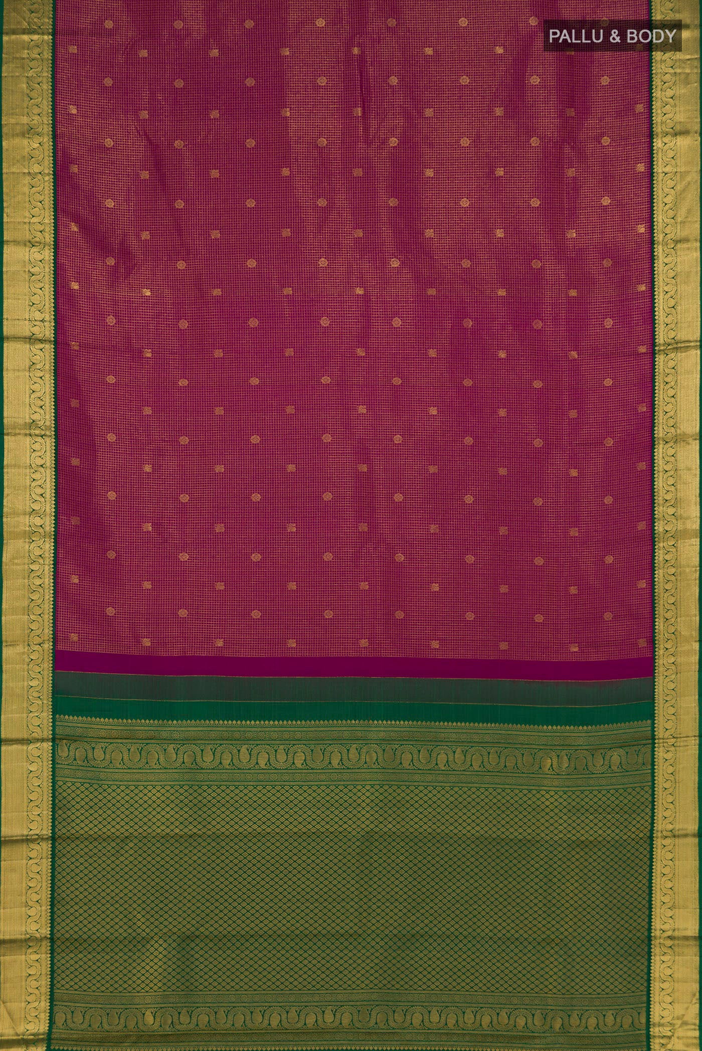 Flat view of Purple Kanjivaram Saree with Checked design on the body and Zari Border. 