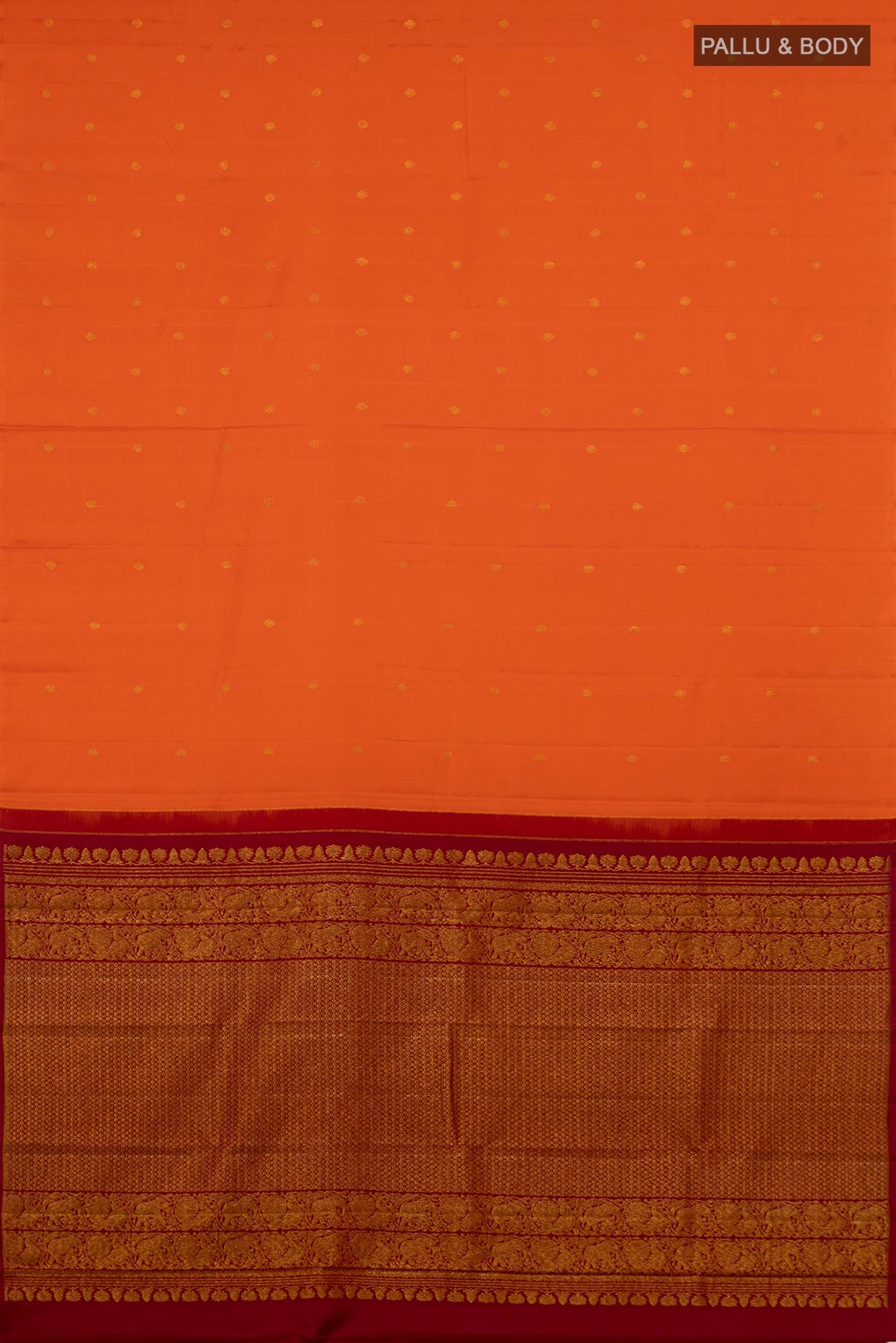 Flat view of Orange Kanchipuram Saree with Zari Butta on the body and Without Border. 