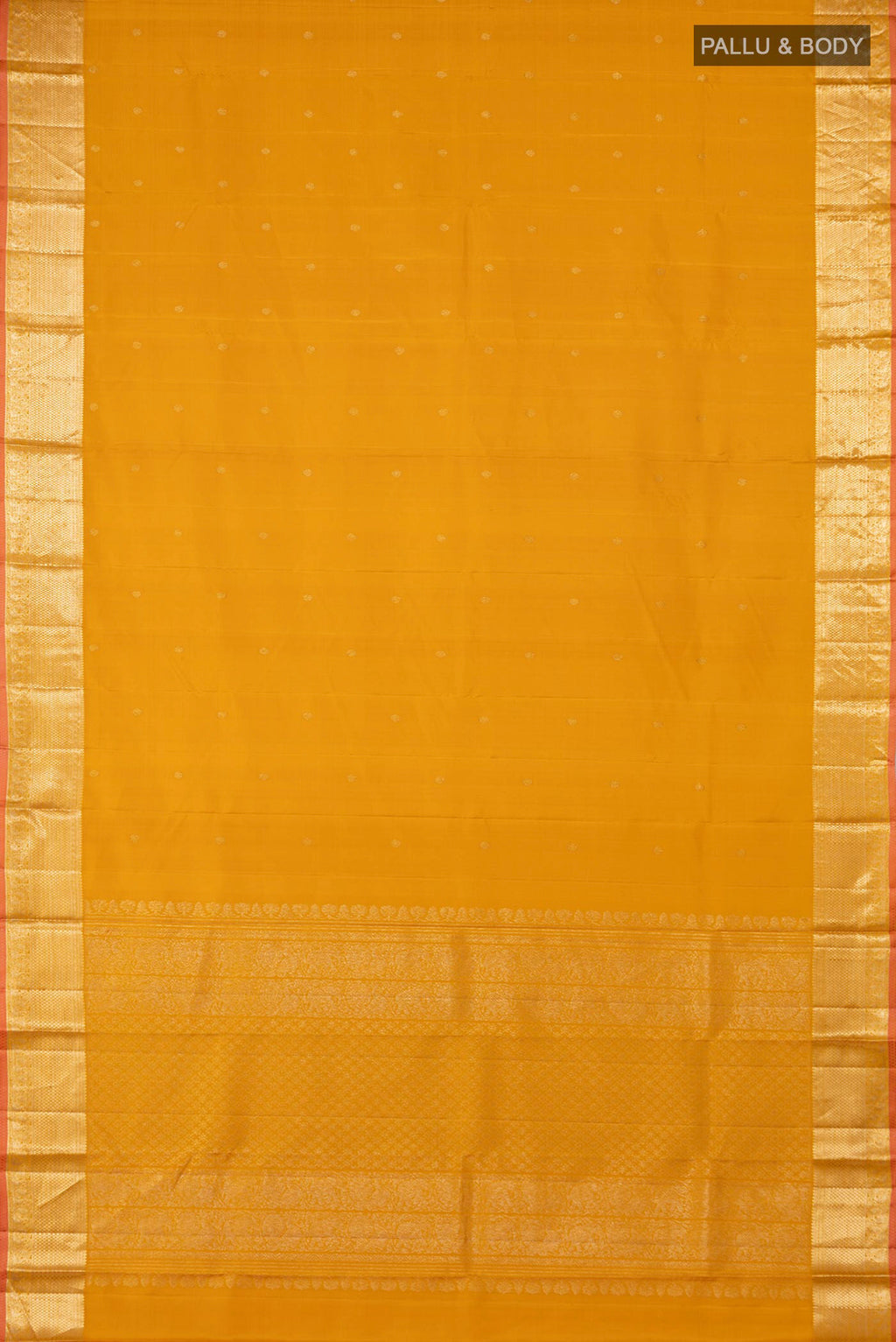 Flat view of Yellow Kanjivaram Saree with Zari Butta on the body and Zari Border. 