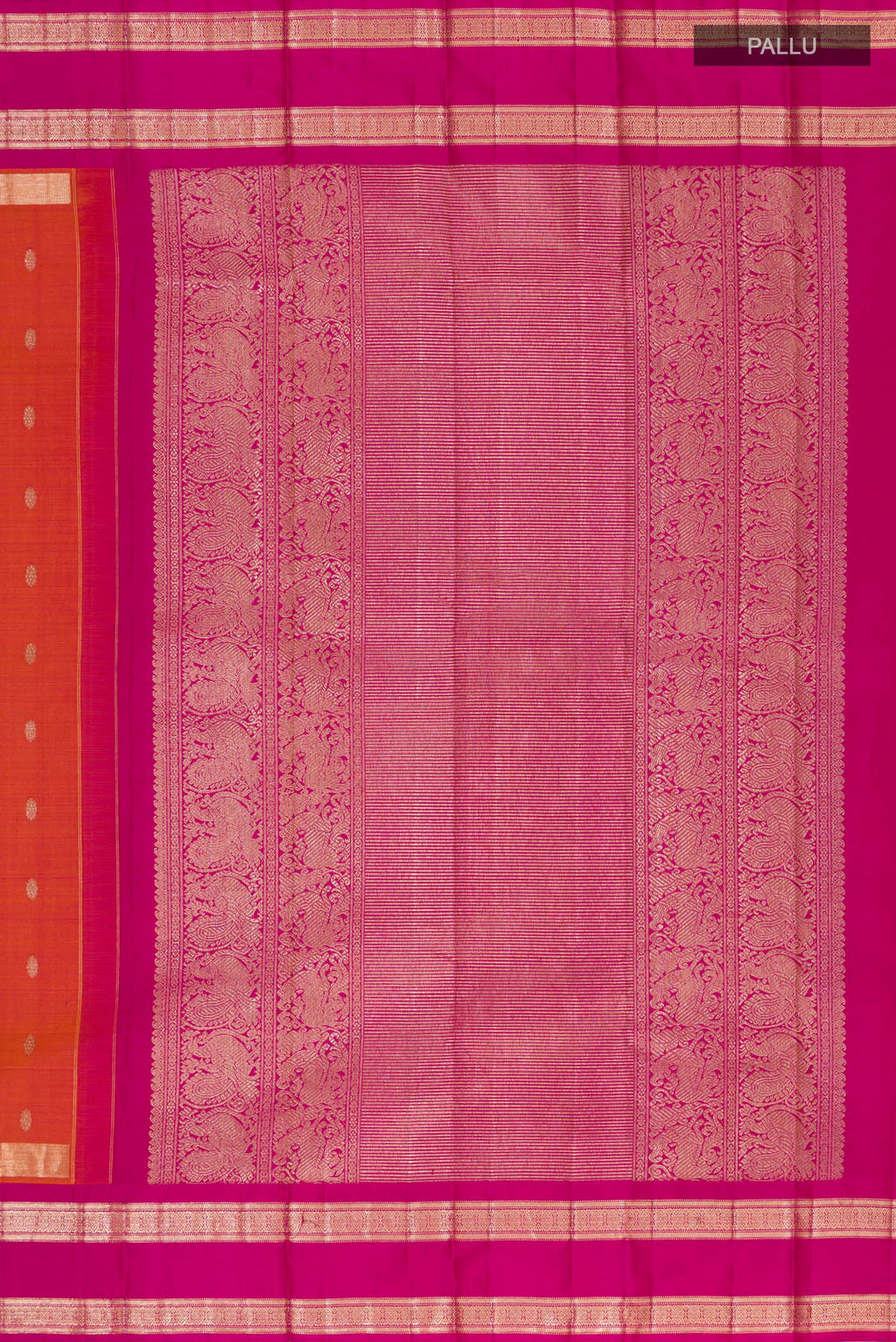 Close up image of the pallu of Orange Kanjivaram Saree with Zari Butta on the body and Zari Border. 