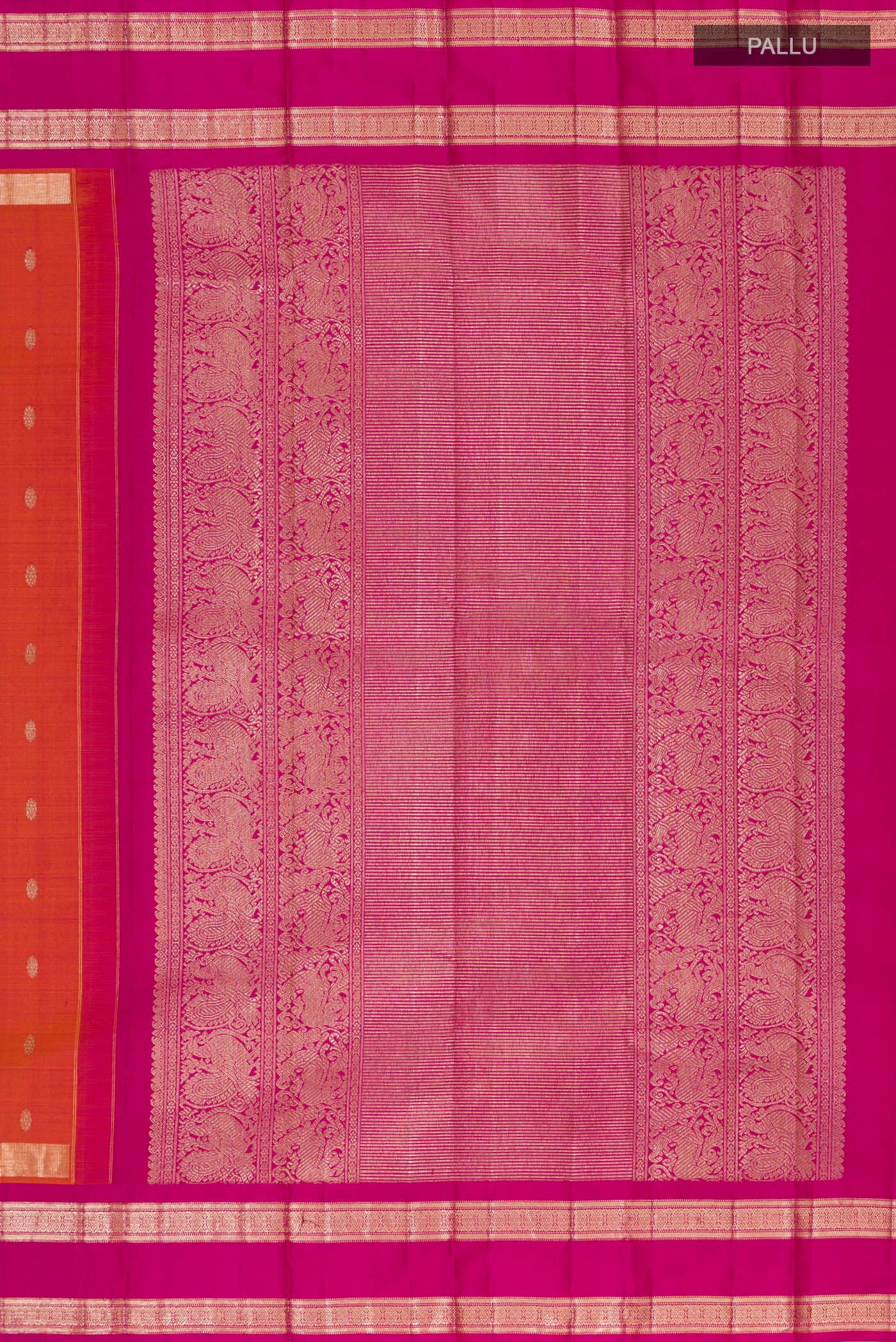 Close up image of the pallu of Orange Kanjivaram Saree with Zari Butta on the body and Zari Border. 