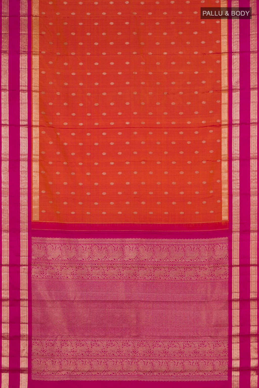 Flat view of Orange Kanjivaram Saree with Zari Butta on the body and Zari Border. 