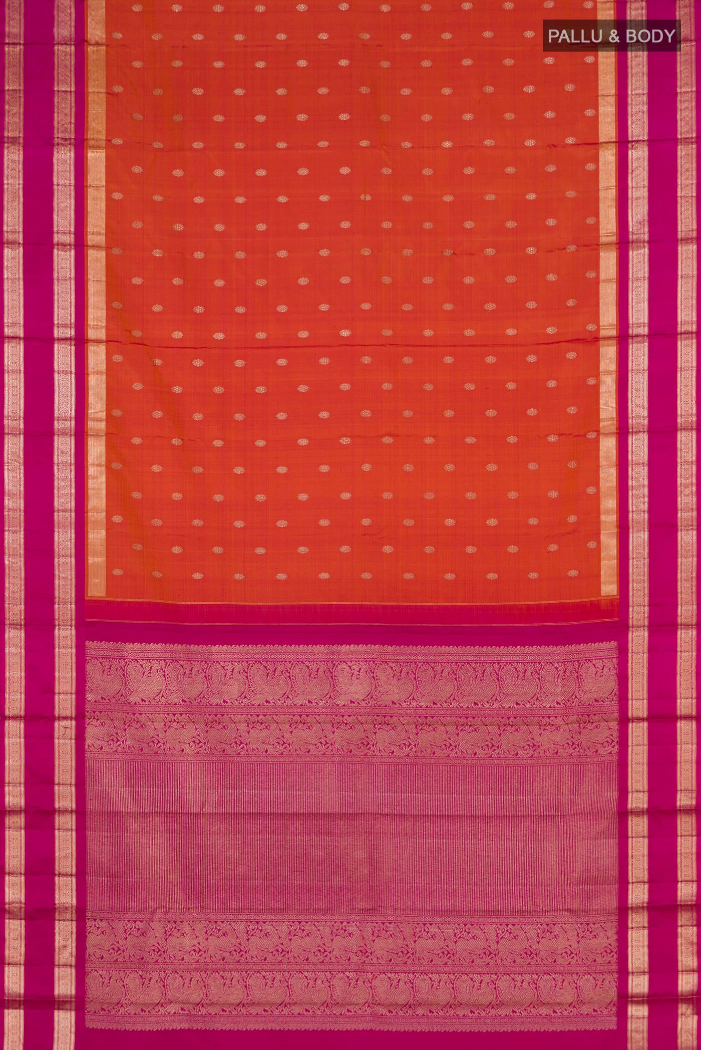 Flat view of Orange Kanjivaram Saree with Zari Butta on the body and Zari Border. 