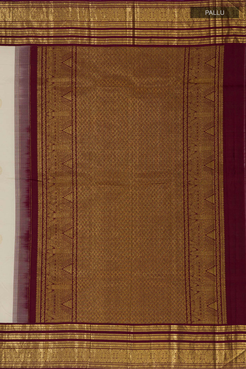 Close up image of the pallu of Pure Silk Cream Kanchipuram Saree with Zari Butta on the body and Zari Border. 