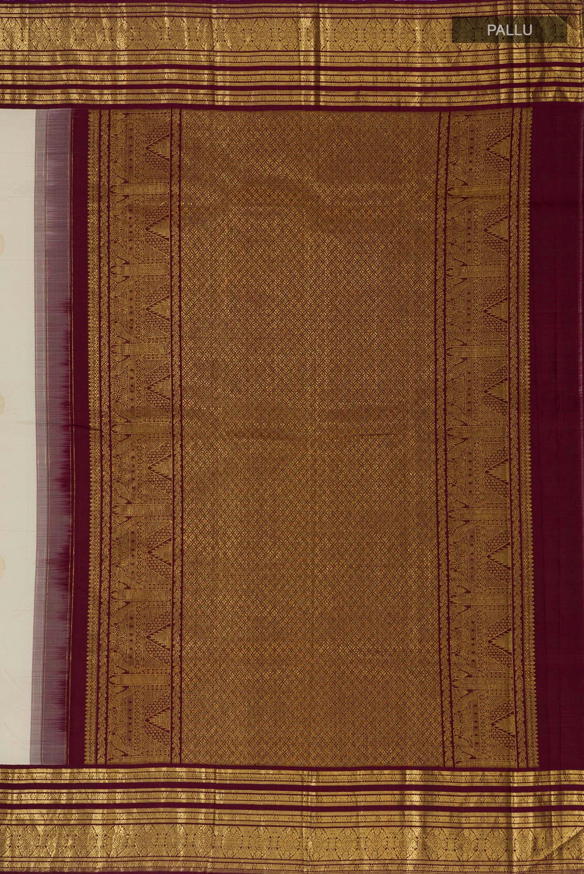 Close up image of the pallu of Pure Silk Cream Kanchipuram Saree with Zari Butta on the body and Zari Border. 
