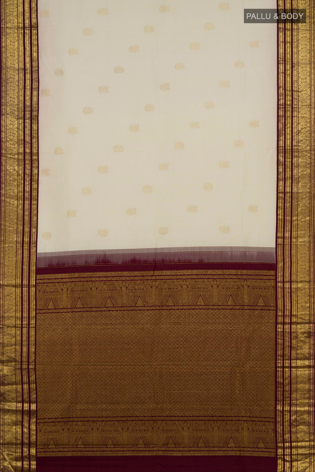Flat view of Pure Silk Cream Kanchipuram Saree with Zari Butta on the body and Zari Border. 
