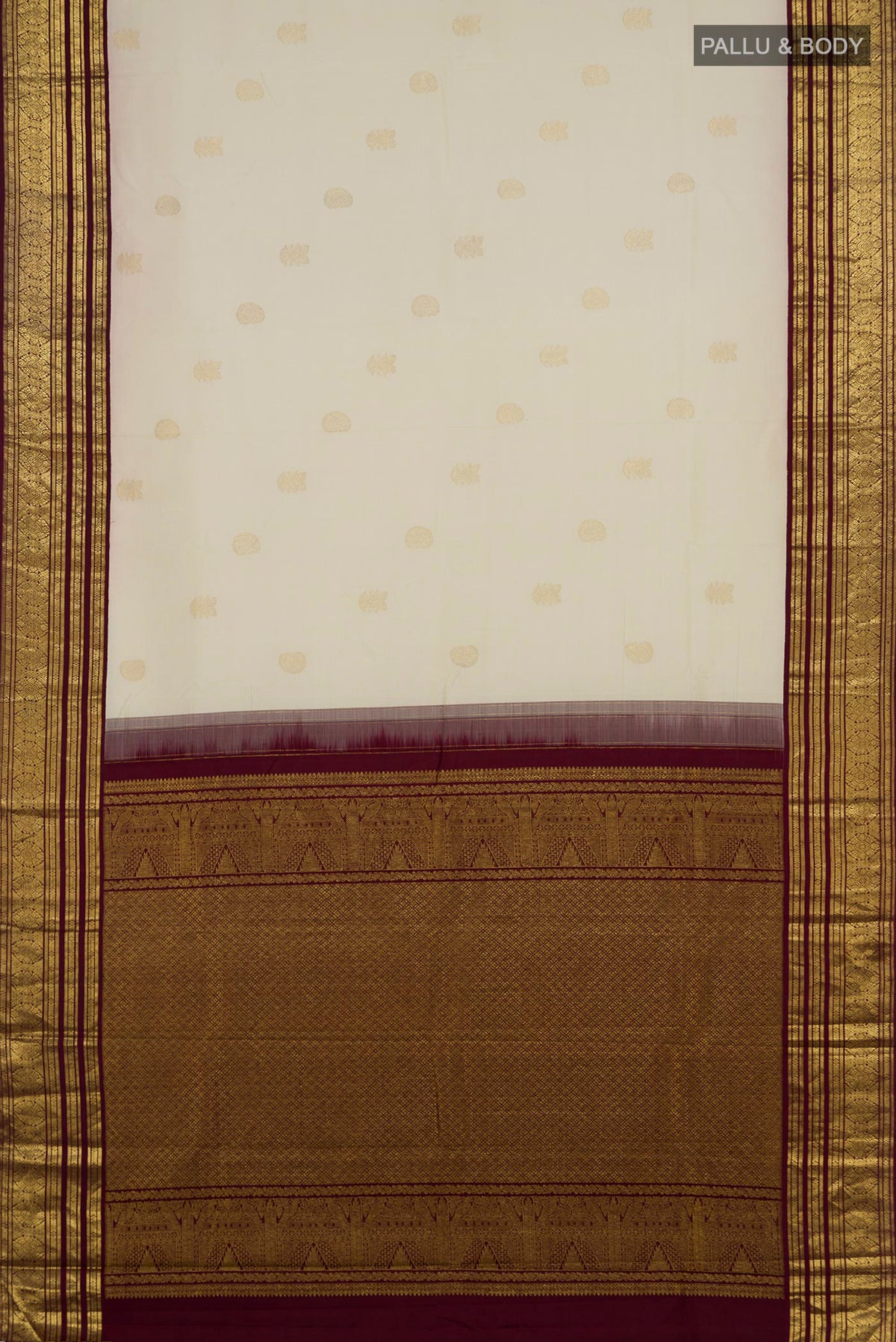 Flat view of Pure Silk Cream Kanchipuram Saree with Zari Butta on the body and Zari Border. 