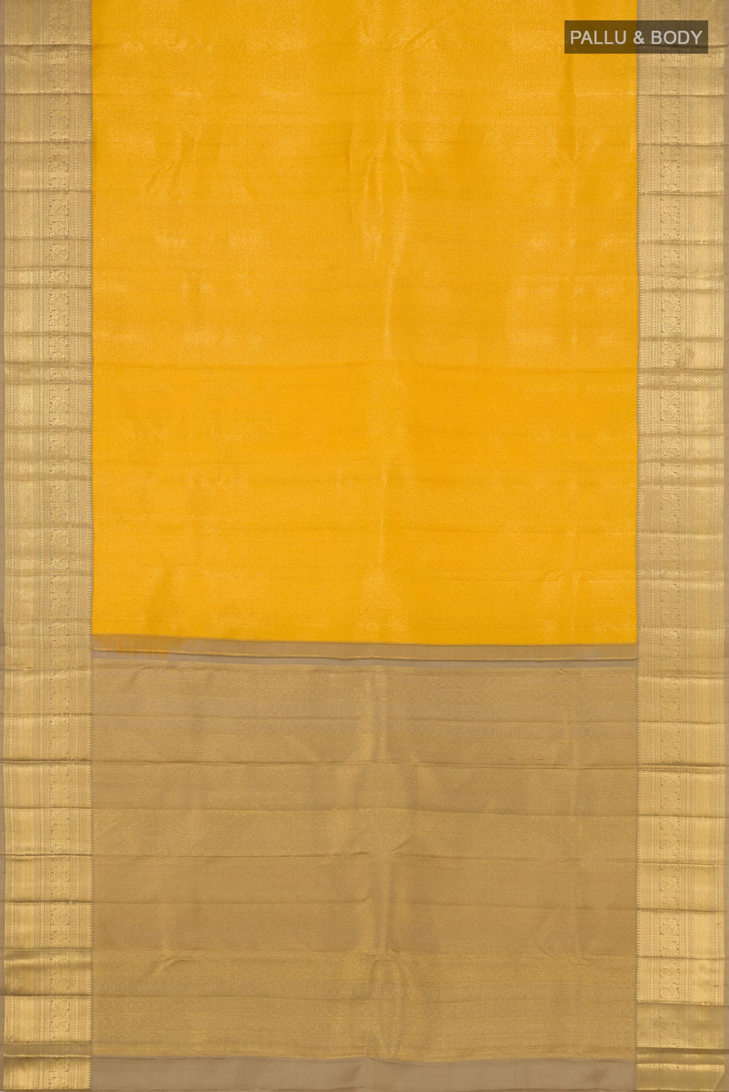 Flat view of Yellow Kanchipuram Saree with Zari Brocade on the body and Zari Border. 
