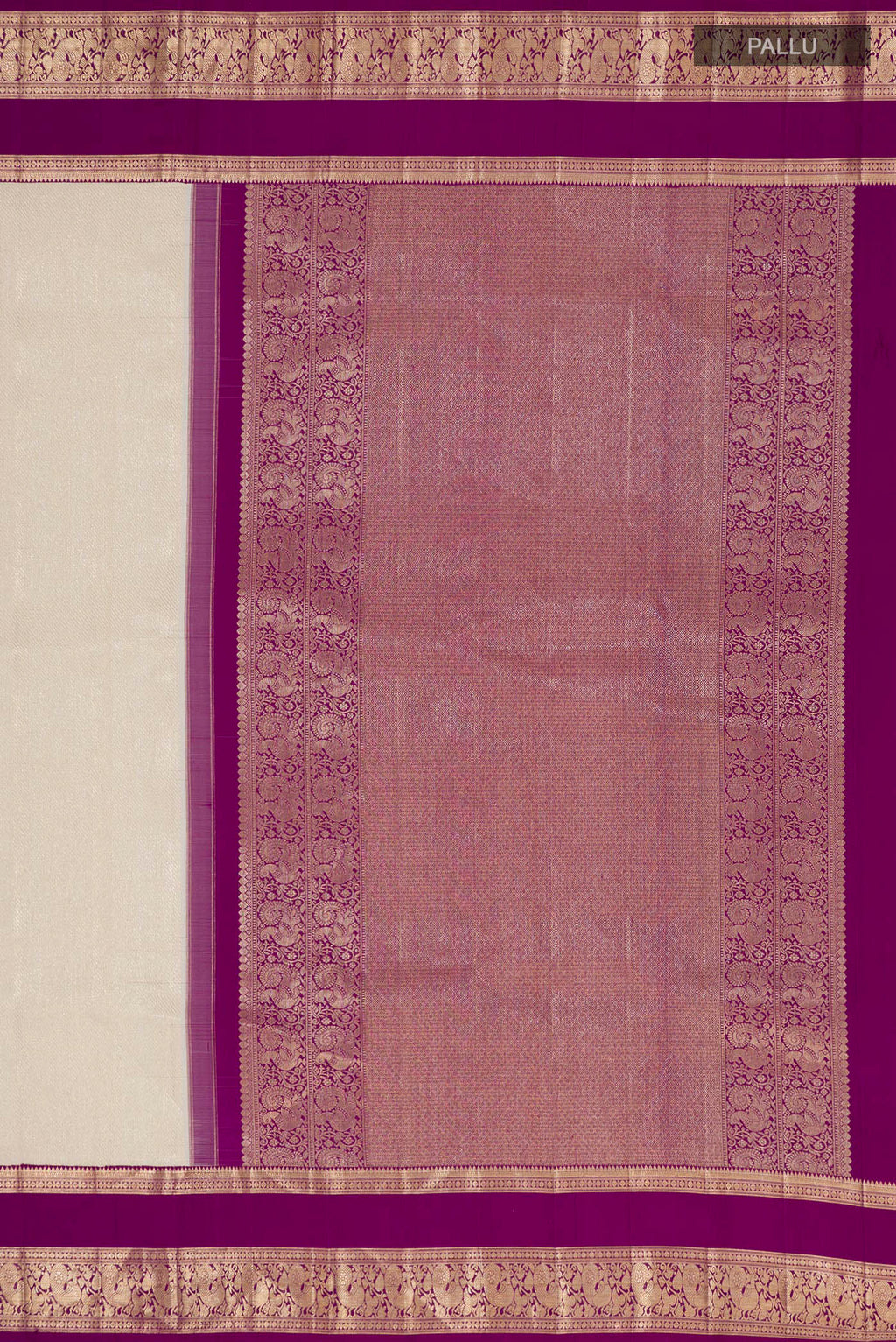 Close up image of the pallu of Cream Kanchipuram Silk Saree with Zari Brocade on the body and Zari Border. 