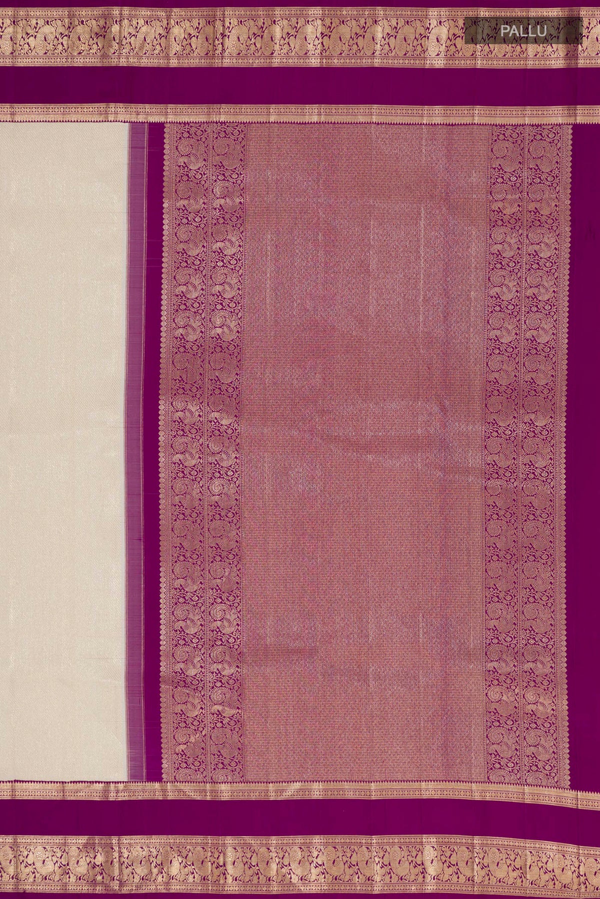 Close up image of the pallu of Cream Kanchipuram Silk Saree with Zari Brocade on the body and Zari Border. 