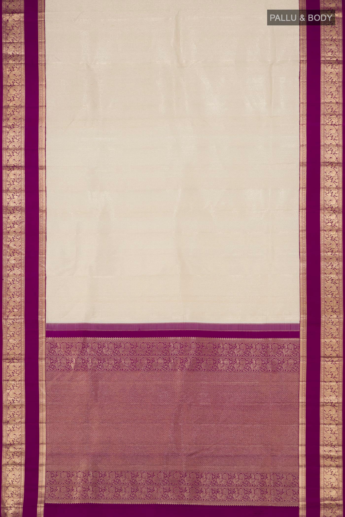 Flat view of Cream Kanchipuram Silk Saree with Zari Brocade on the body and Zari Border. 