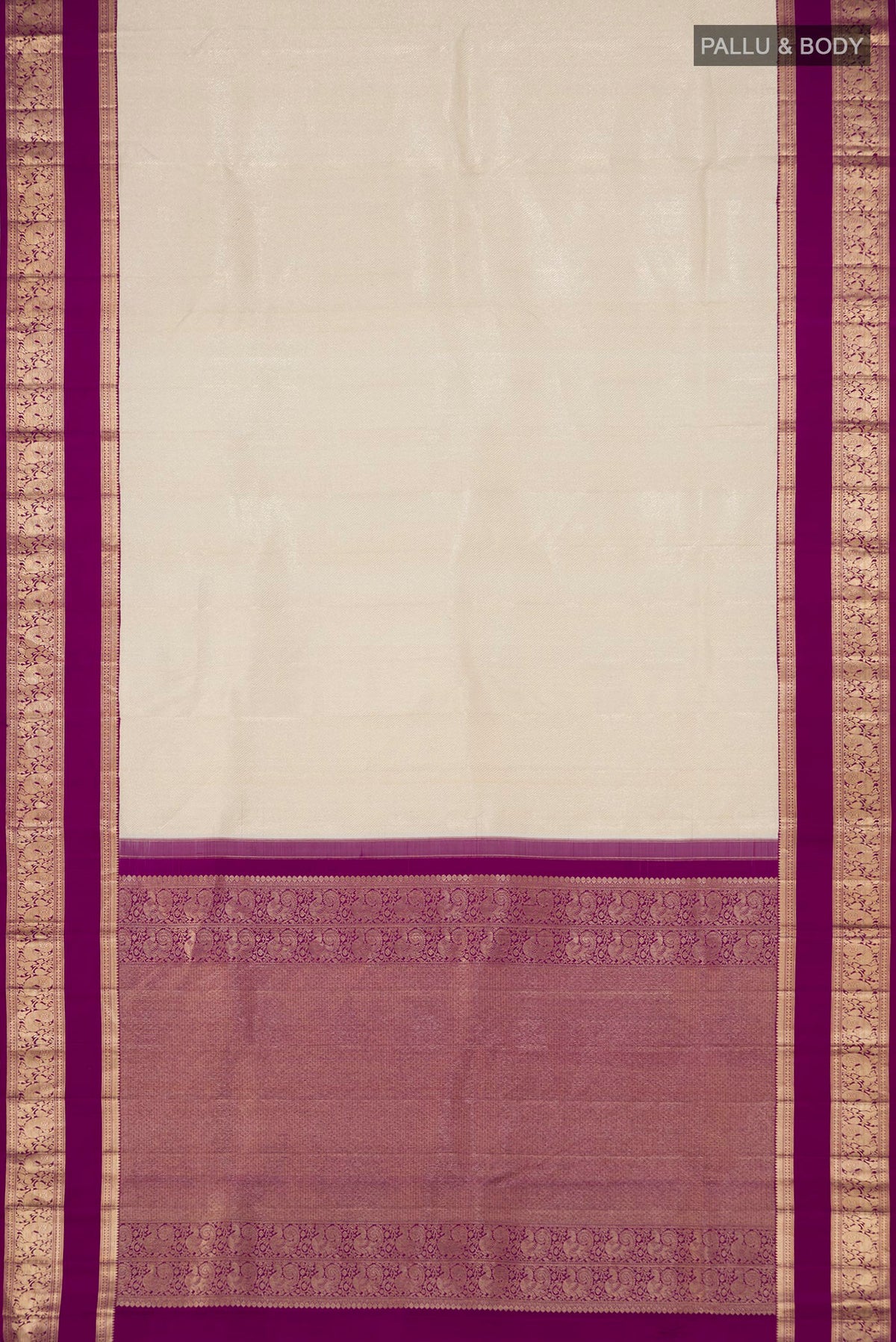 Flat view of Cream Kanchipuram Silk Saree with Zari Brocade on the body and Zari Border. 