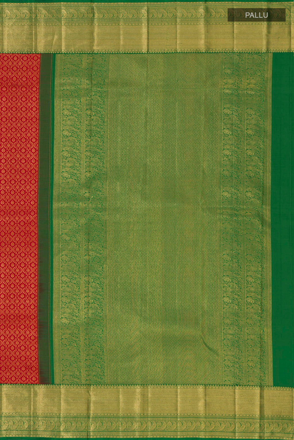 Close up image of the pallu of Red Kanchipuram Silk Saree with Zari Brocade on the body and Zari Border. 