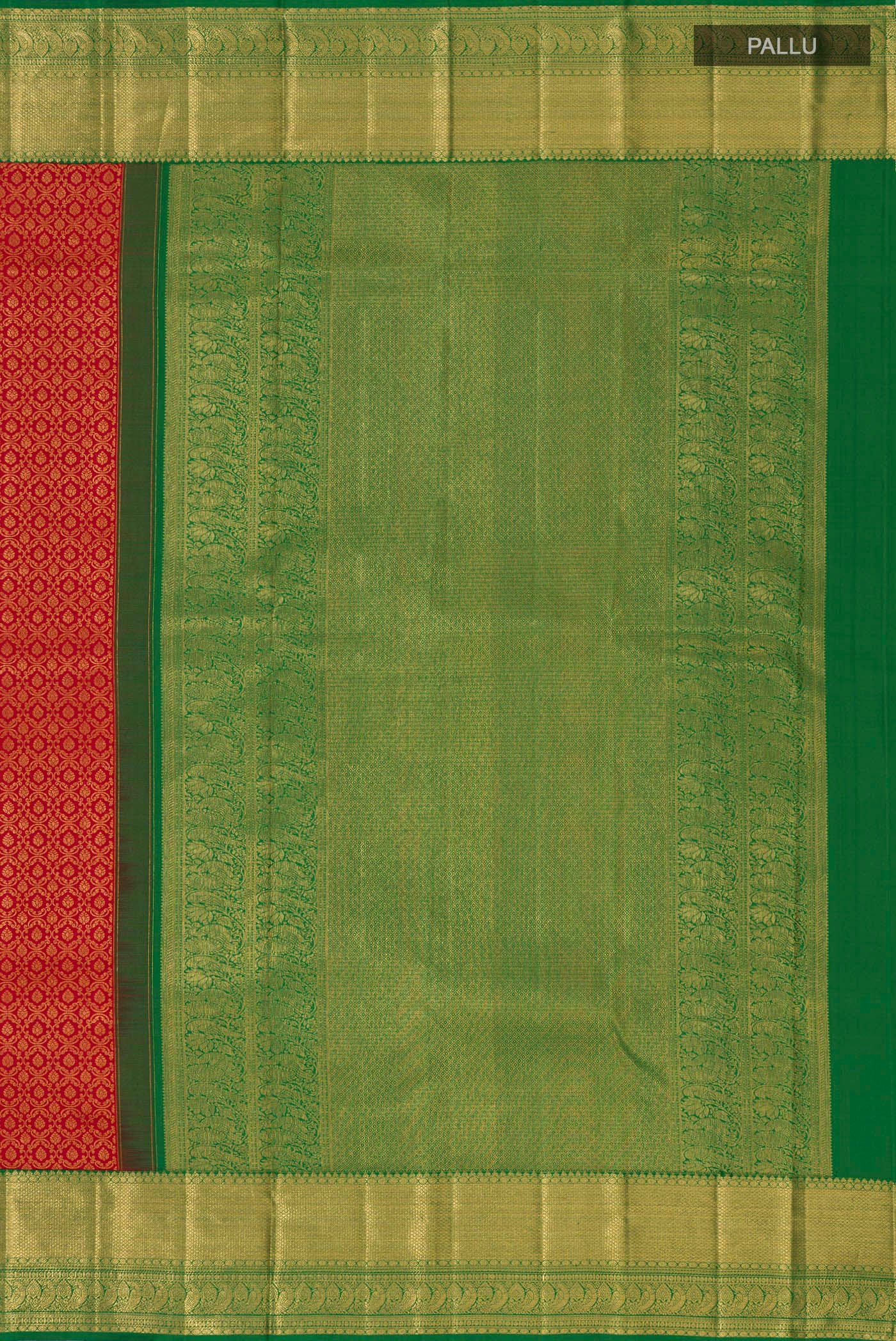 Close up image of the pallu of Red Kanchipuram Silk Saree with Zari Brocade on the body and Zari Border. 