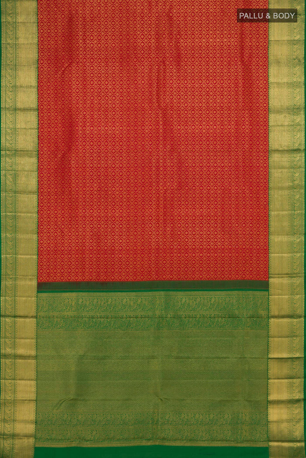 Flat view of Red Kanchipuram Silk Saree with Zari Brocade on the body and Zari Border. 