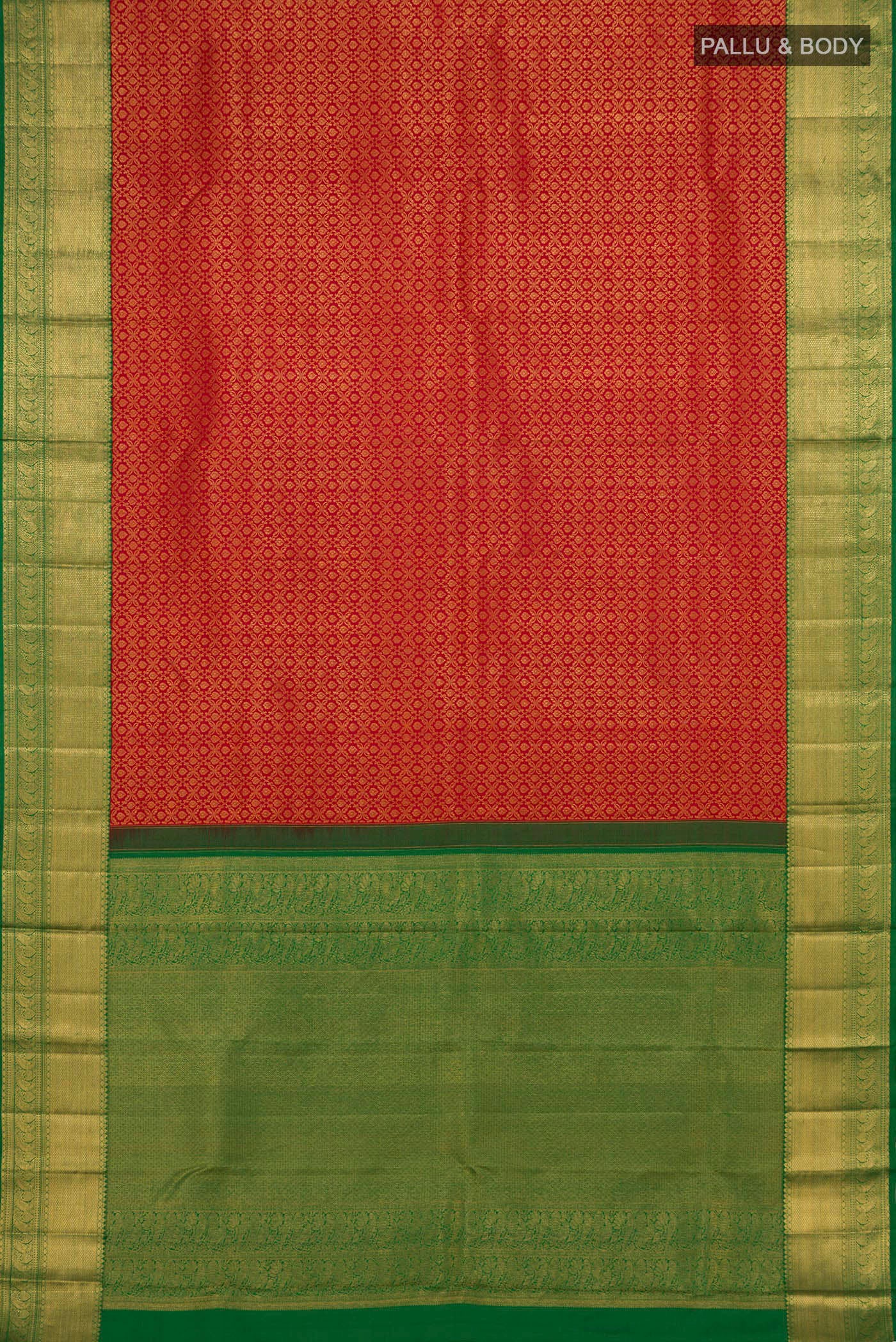 Flat view of Red Kanchipuram Silk Saree with Zari Brocade on the body and Zari Border. 