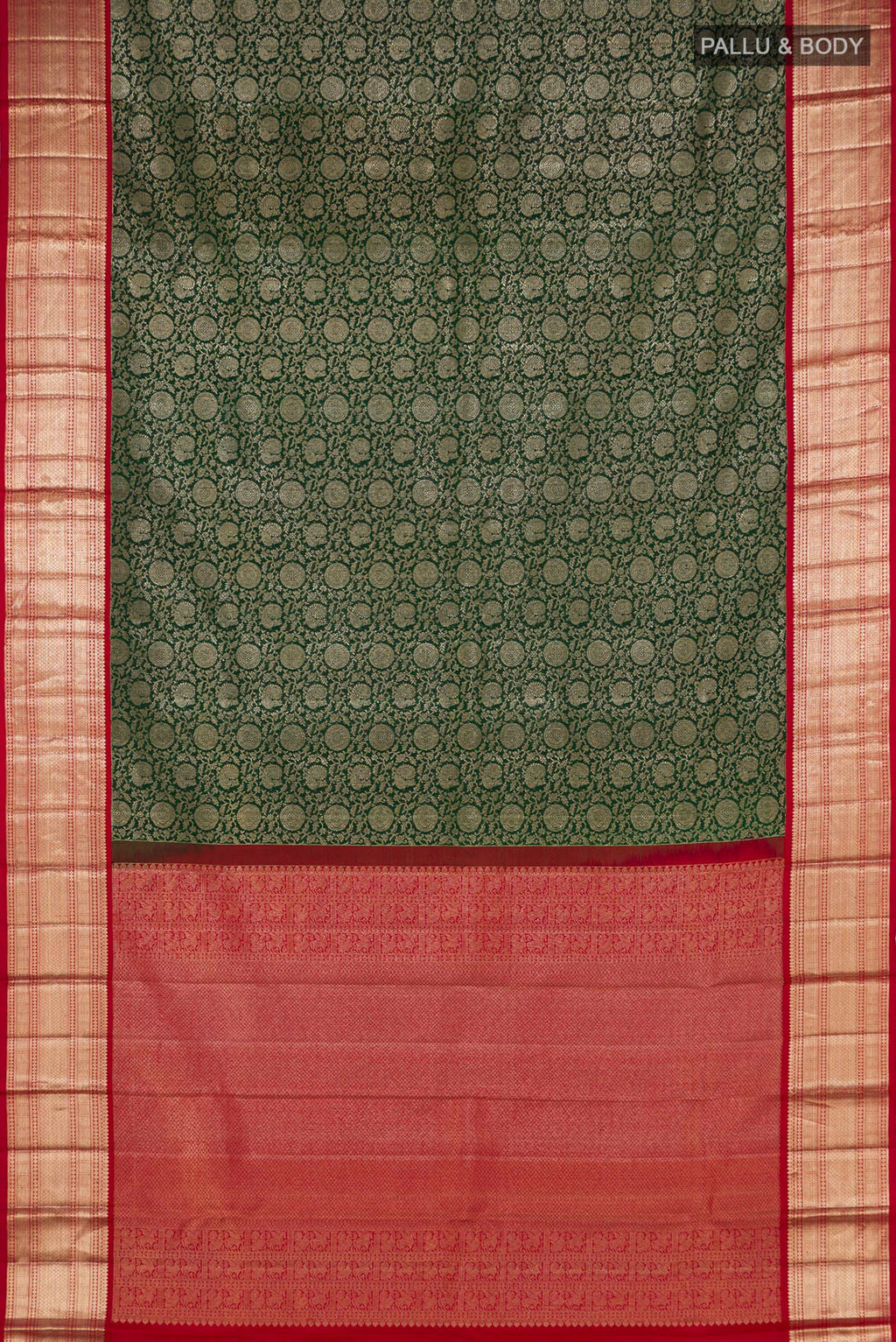 Flat view of Bottle Green Kanchipuram Saree with Zari Brocade on the body and Zari Border. 