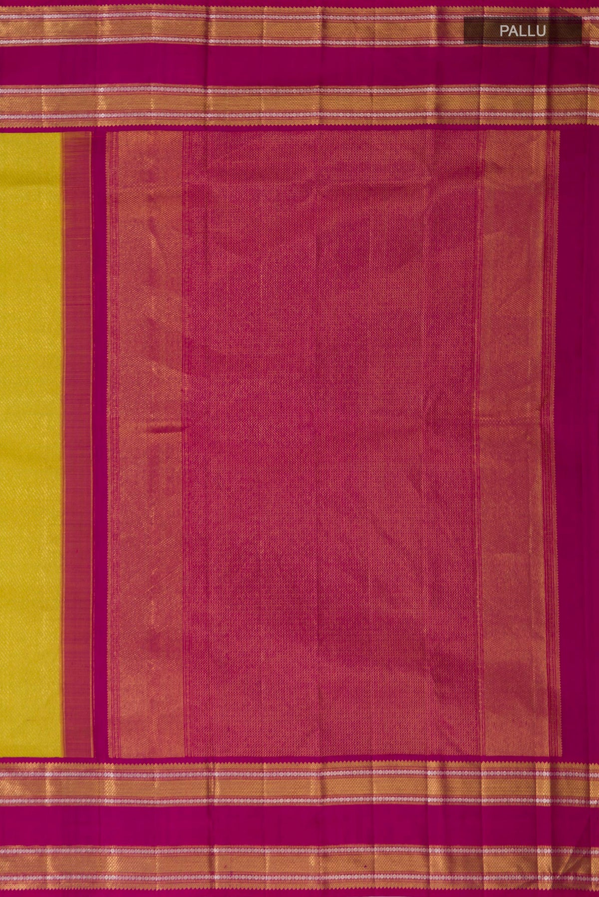 Close up image of the pallu of Parrot Green Kanchipuram Saree with Zari Brocade on the body and Zari Border. 