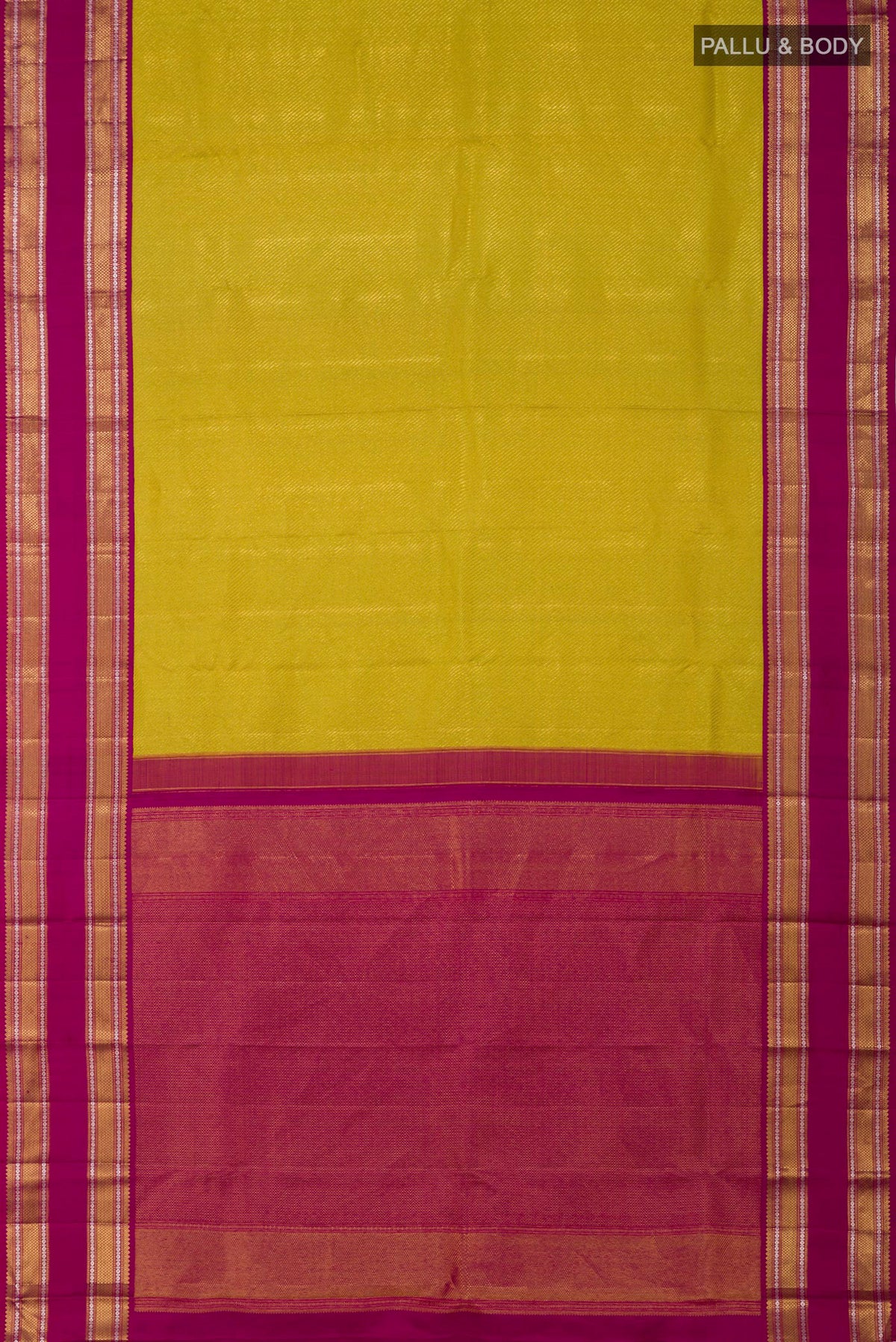 Flat view of Parrot Green Kanchipuram Saree with Zari Brocade on the body and Zari Border. 