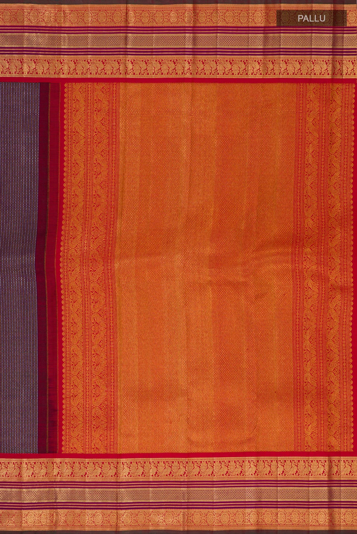 Close up image of the pallu of Purple Kanchipuram Saree with Zari Brocade on the body and Zari Border. 