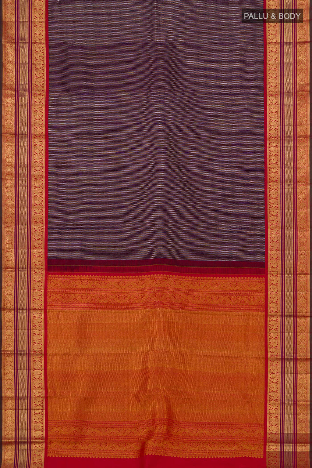 Flat view of Purple Kanchipuram Saree with Zari Brocade on the body and Zari Border. 