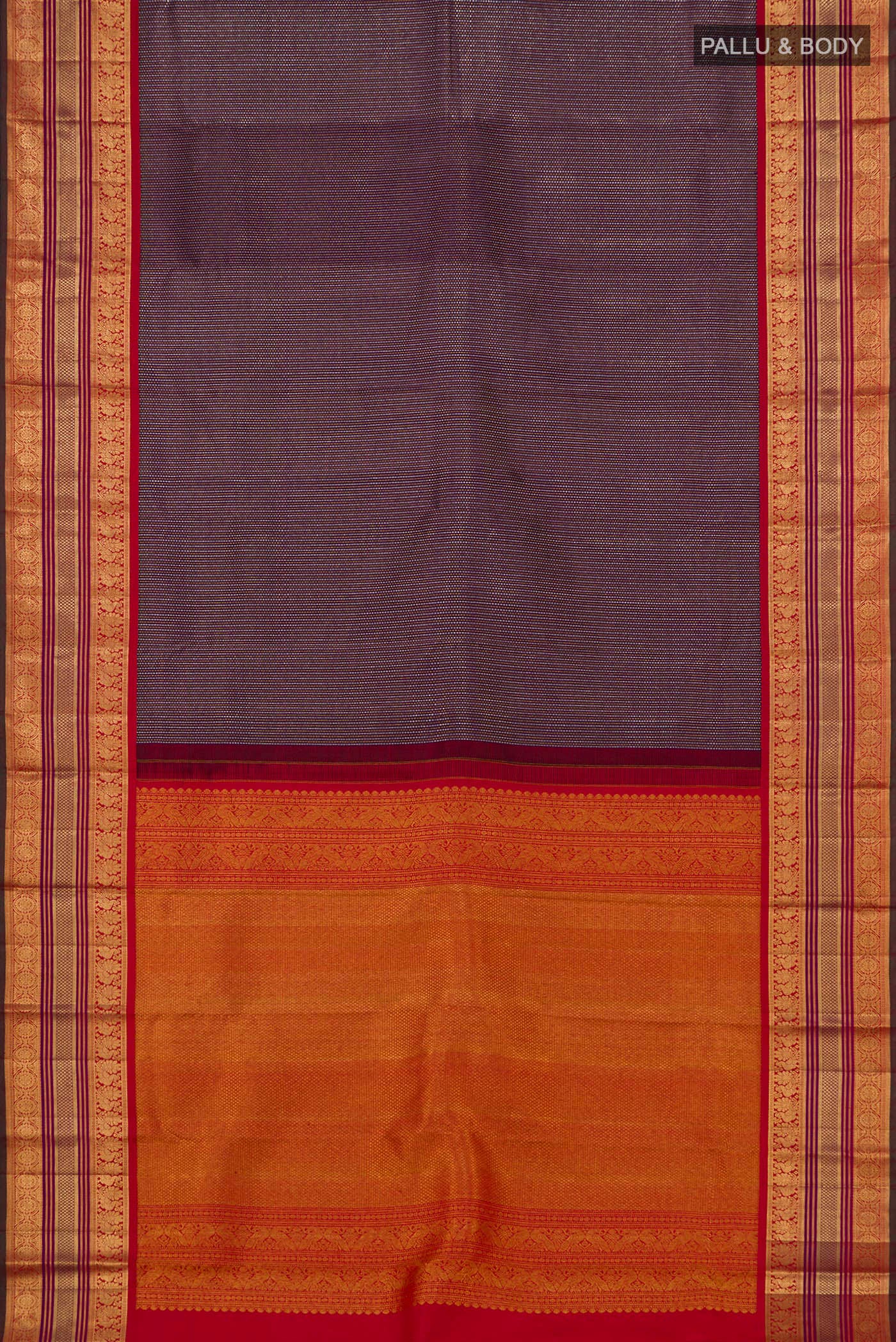 Flat view of Purple Kanchipuram Saree with Zari Brocade on the body and Zari Border. 