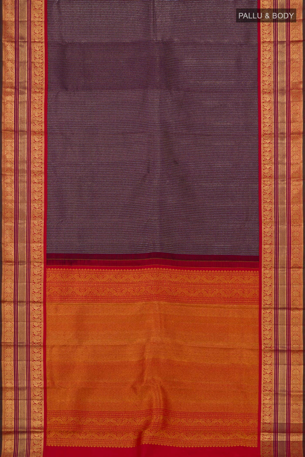 Flat view of Purple Kanchipuram Saree with Zari Brocade on the body and Zari Border. 