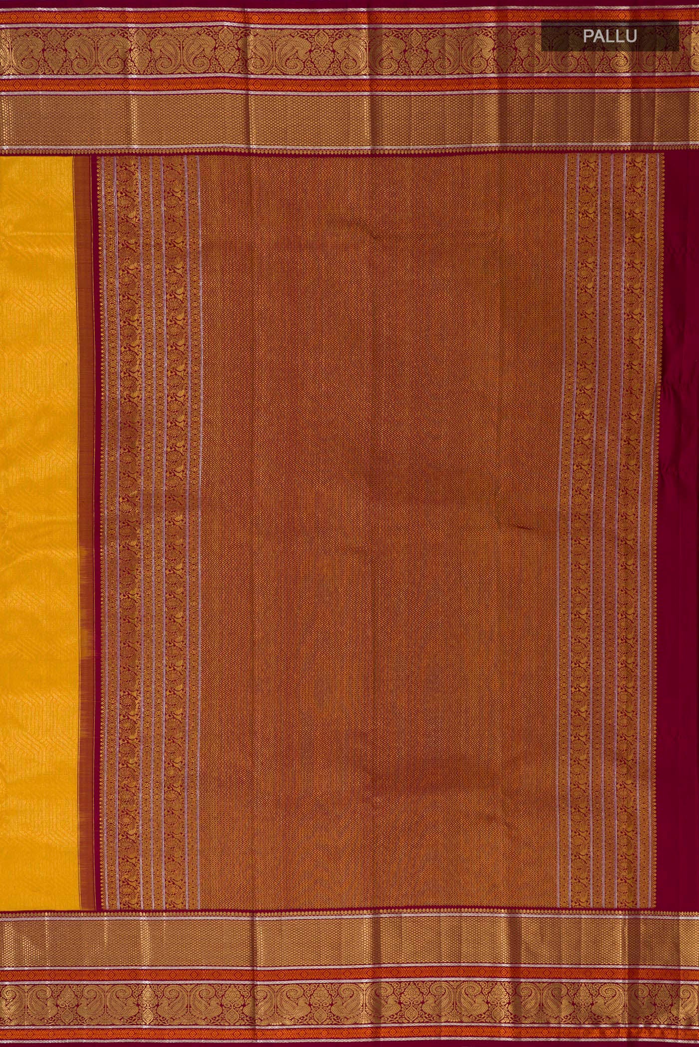 Close up image of the pallu of Yellow Kanchipuram Silk Saree with Zari Brocade on the body and Zari Border. 