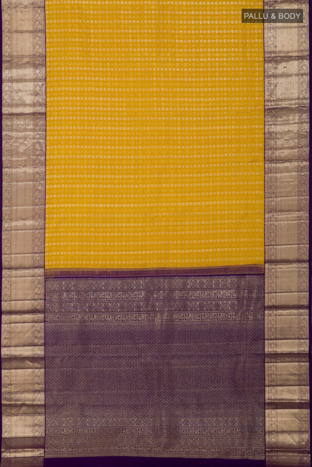 Flat view of Yellow Kanchipuram Silk Saree with Zari Butta on the body and Zari Border. 