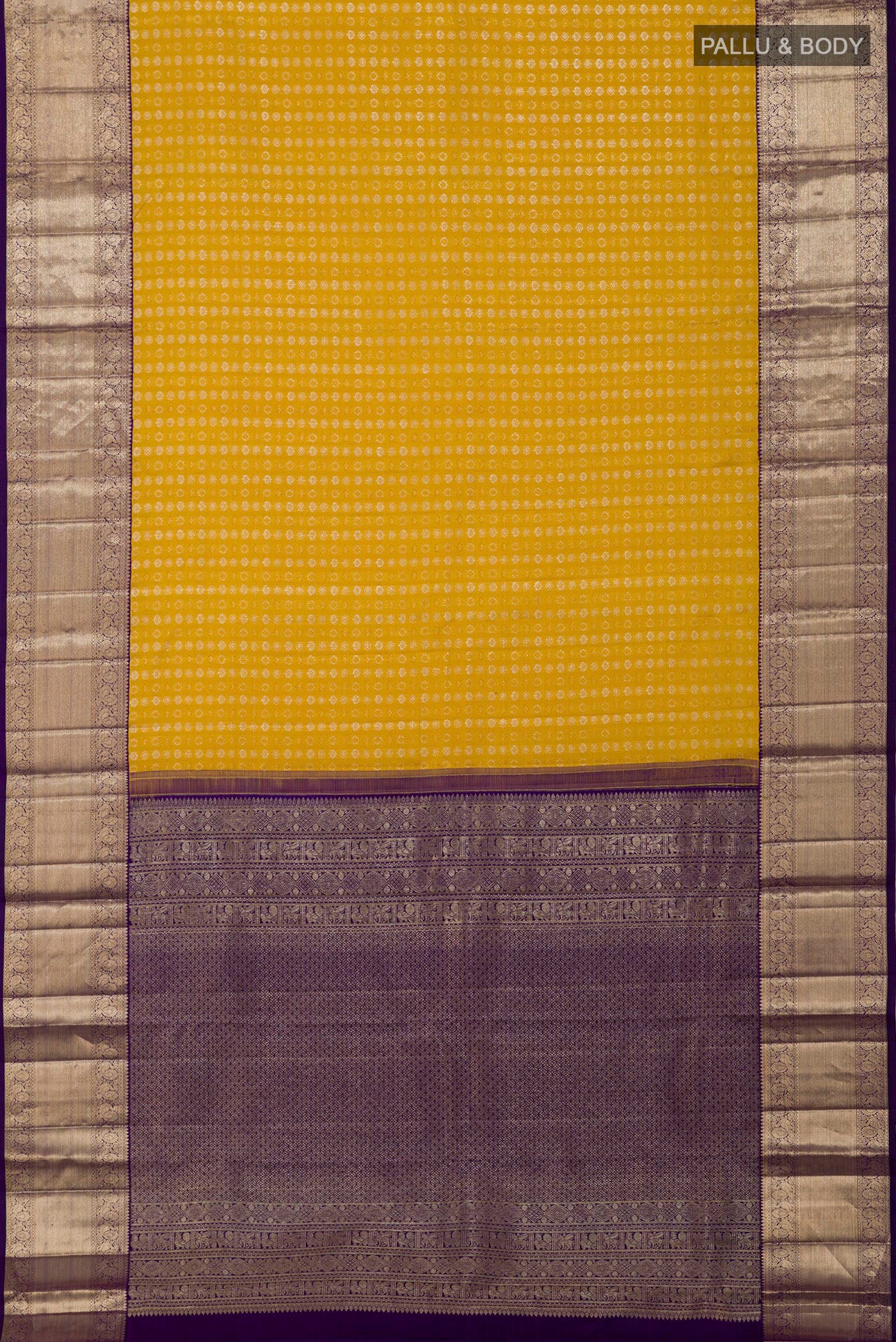 Flat view of Yellow Kanchipuram Silk Saree with Zari Butta on the body and Zari Border. 