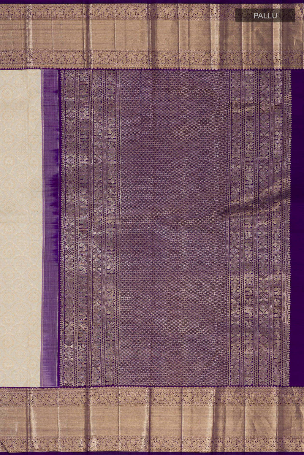 Close up image of the pallu of Cream Kanchipuram Silk Saree with Zari Brocade on the body and Zari Border. 
