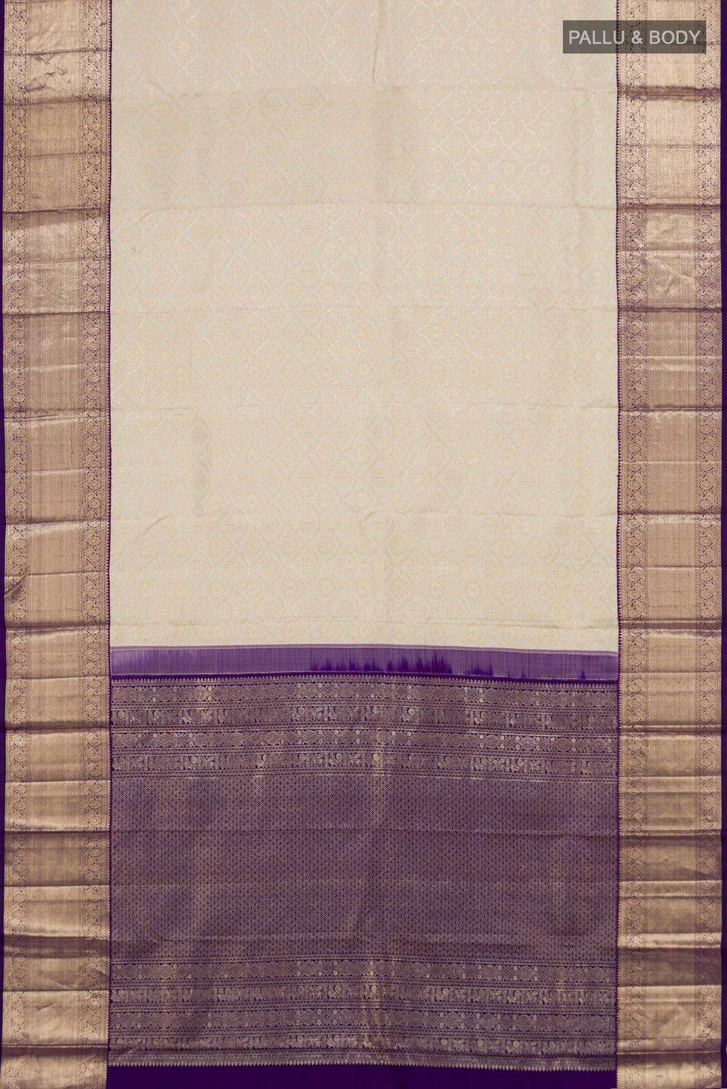 Flat view of Cream Kanchipuram Silk Saree with Zari Brocade on the body and Zari Border. 