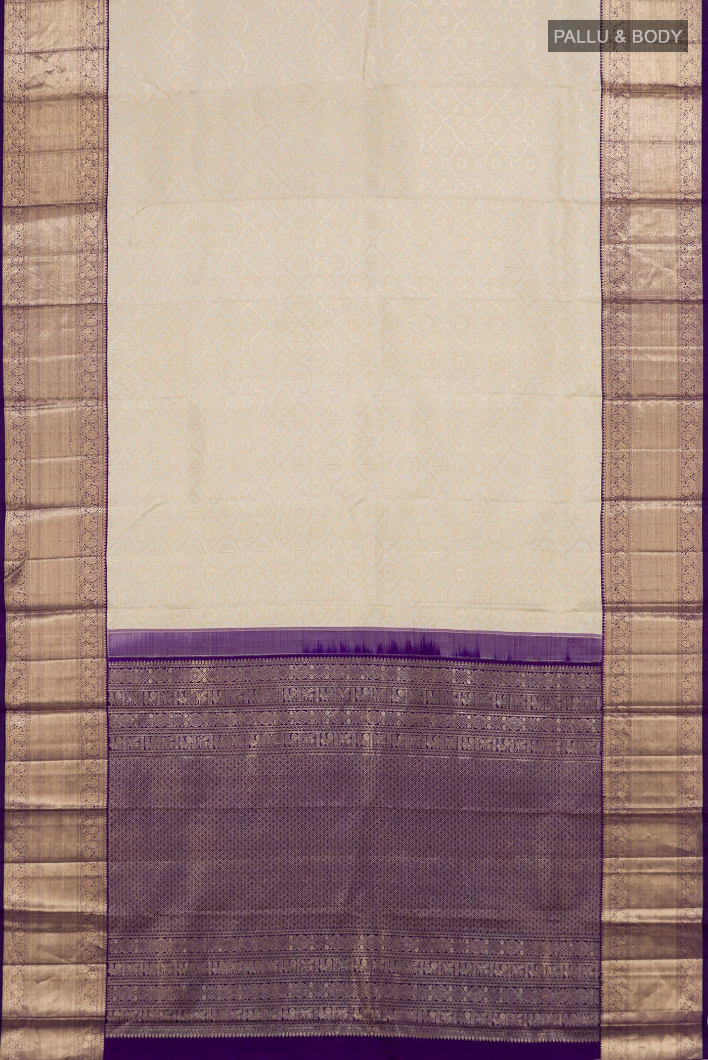 Flat view of Cream Kanchipuram Silk Saree with Zari Brocade on the body and Zari Border. 