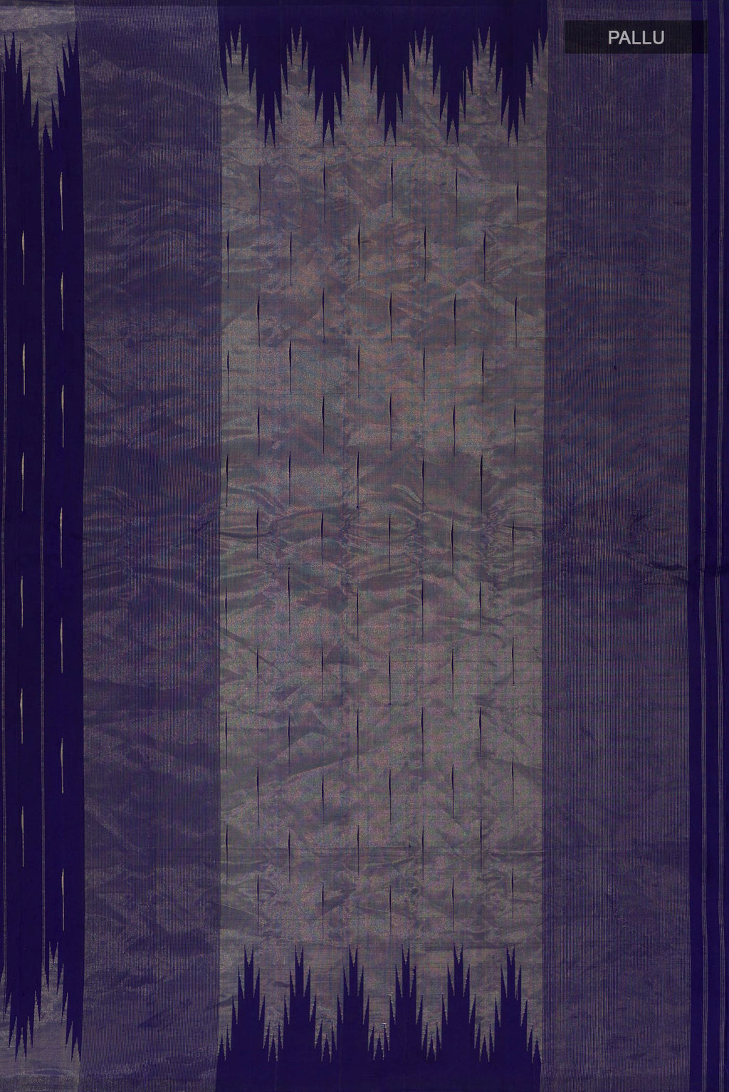 Close up image of the pallu of Blue Gadwal Silk Saree with Zari Butta on the body and Temple Border. 