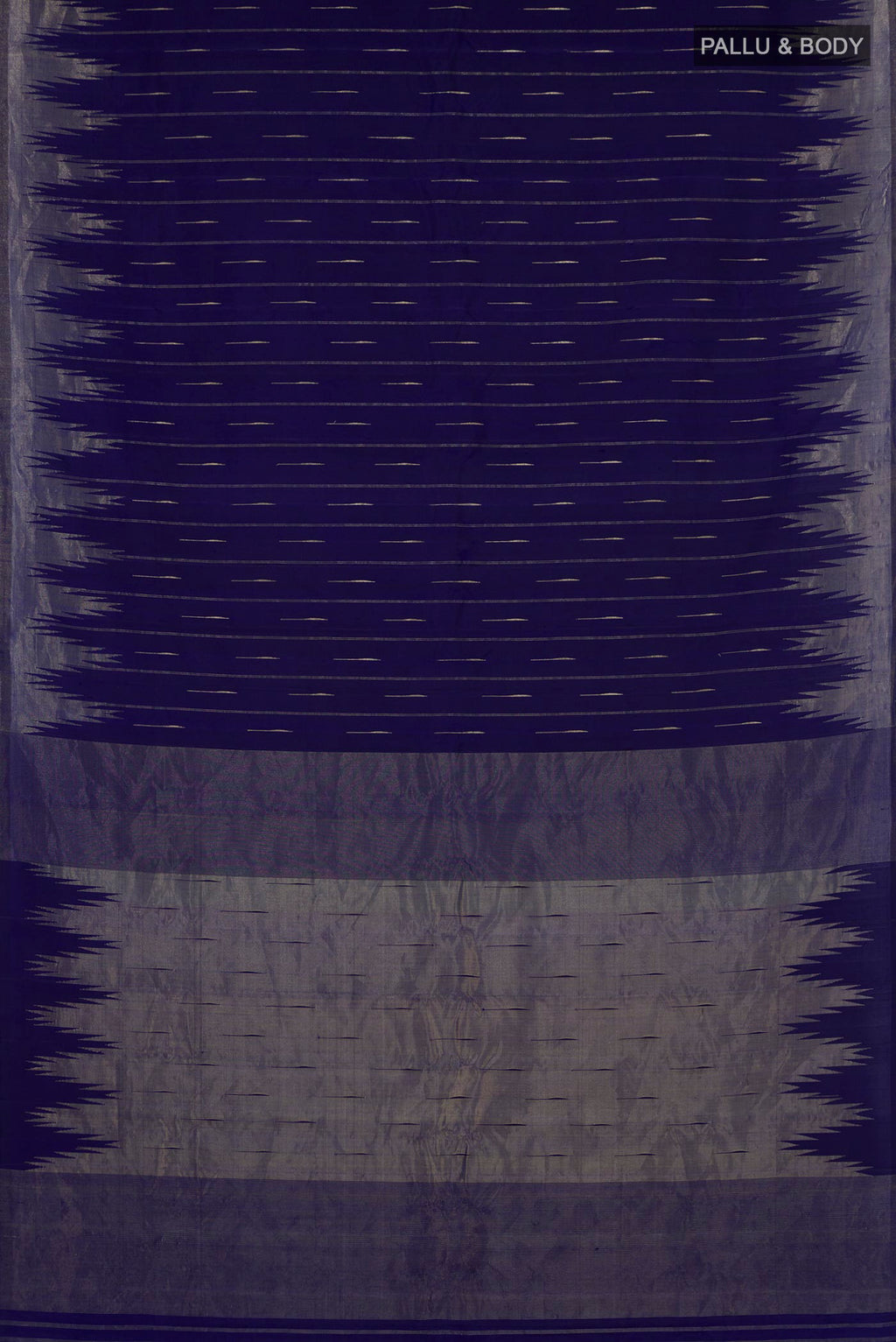 Flat view of Blue Gadwal Silk Saree with Zari Butta on the body and Temple Border. 