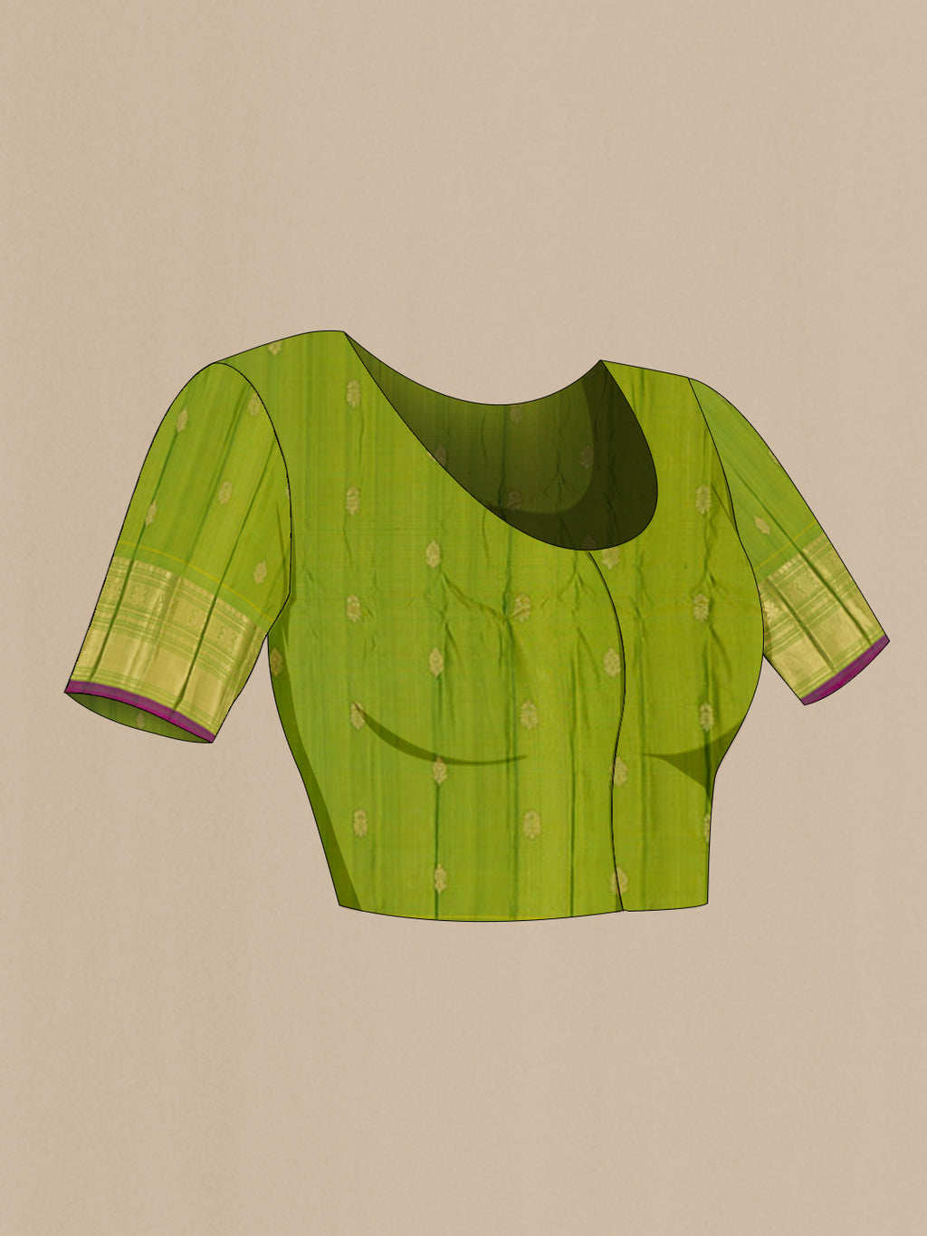 Close up image of the blouse of Green Gadwal Silk Saree with Zari Butta on the body and Zari Border. 