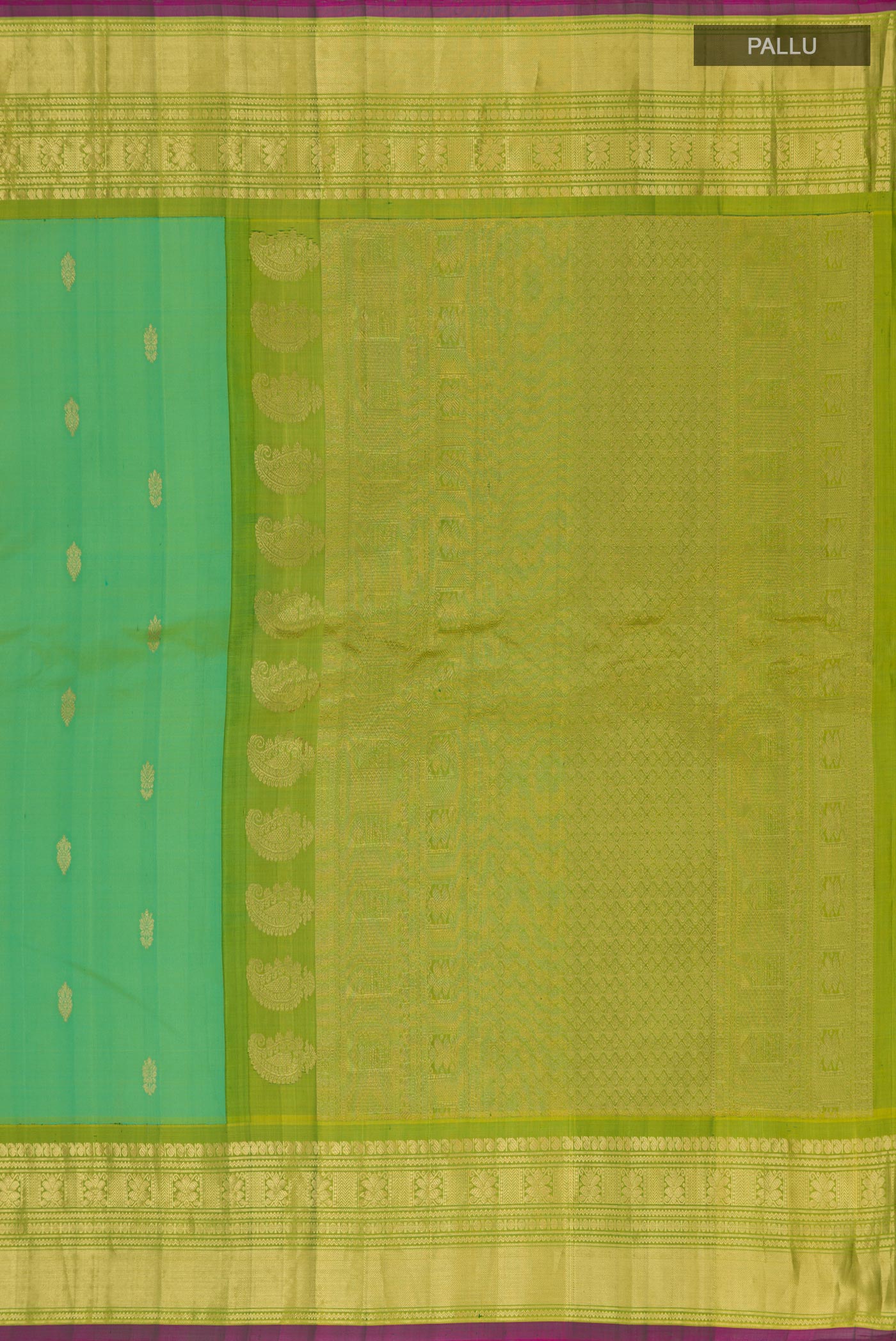 Close up image of the pallu of Green Gadwal Silk Saree with Zari Butta on the body and Zari Border. 