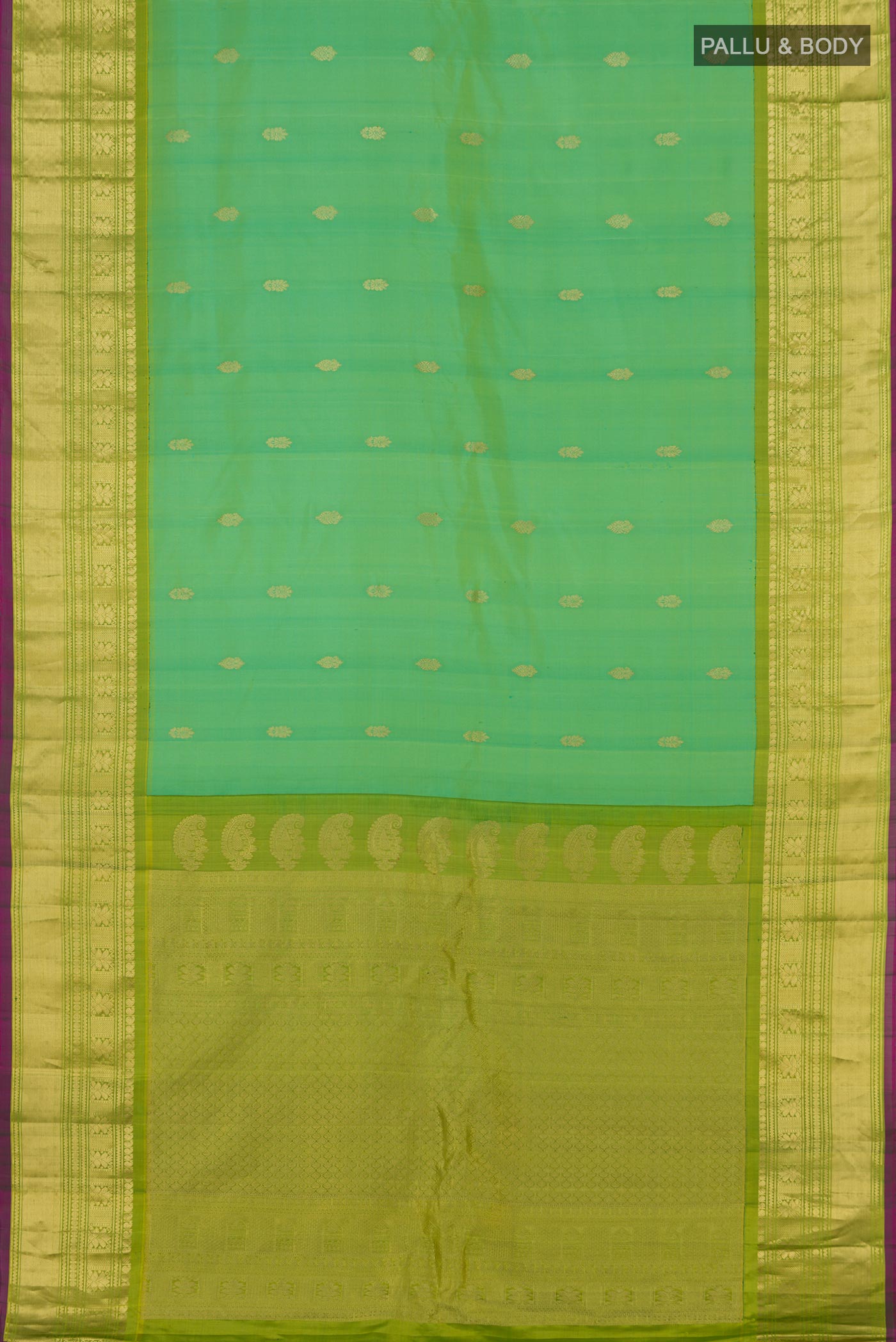 Flat view of Green Gadwal Silk Saree with Zari Butta on the body and Zari Border. 