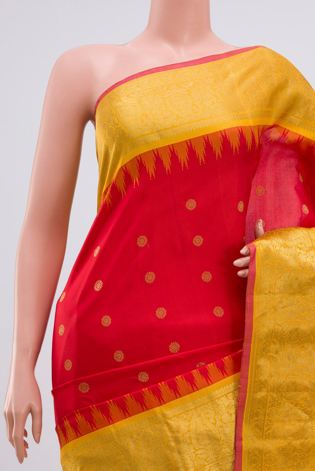 Border image of Red Gadwal Silk Saree with Zari Butta on the body and Zari Border. 
